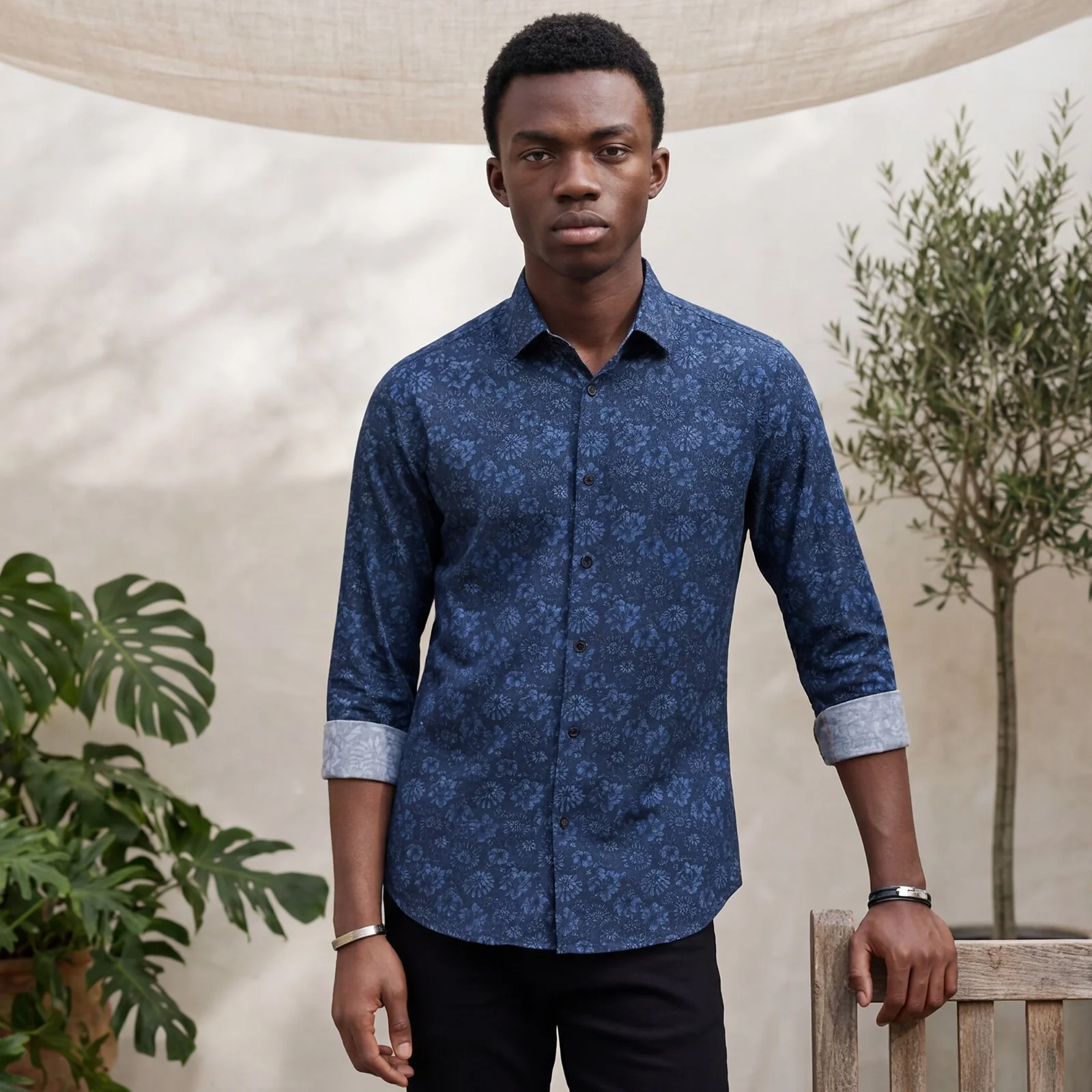 Men's Blue Printed Slim Fit Shirts - Image 2