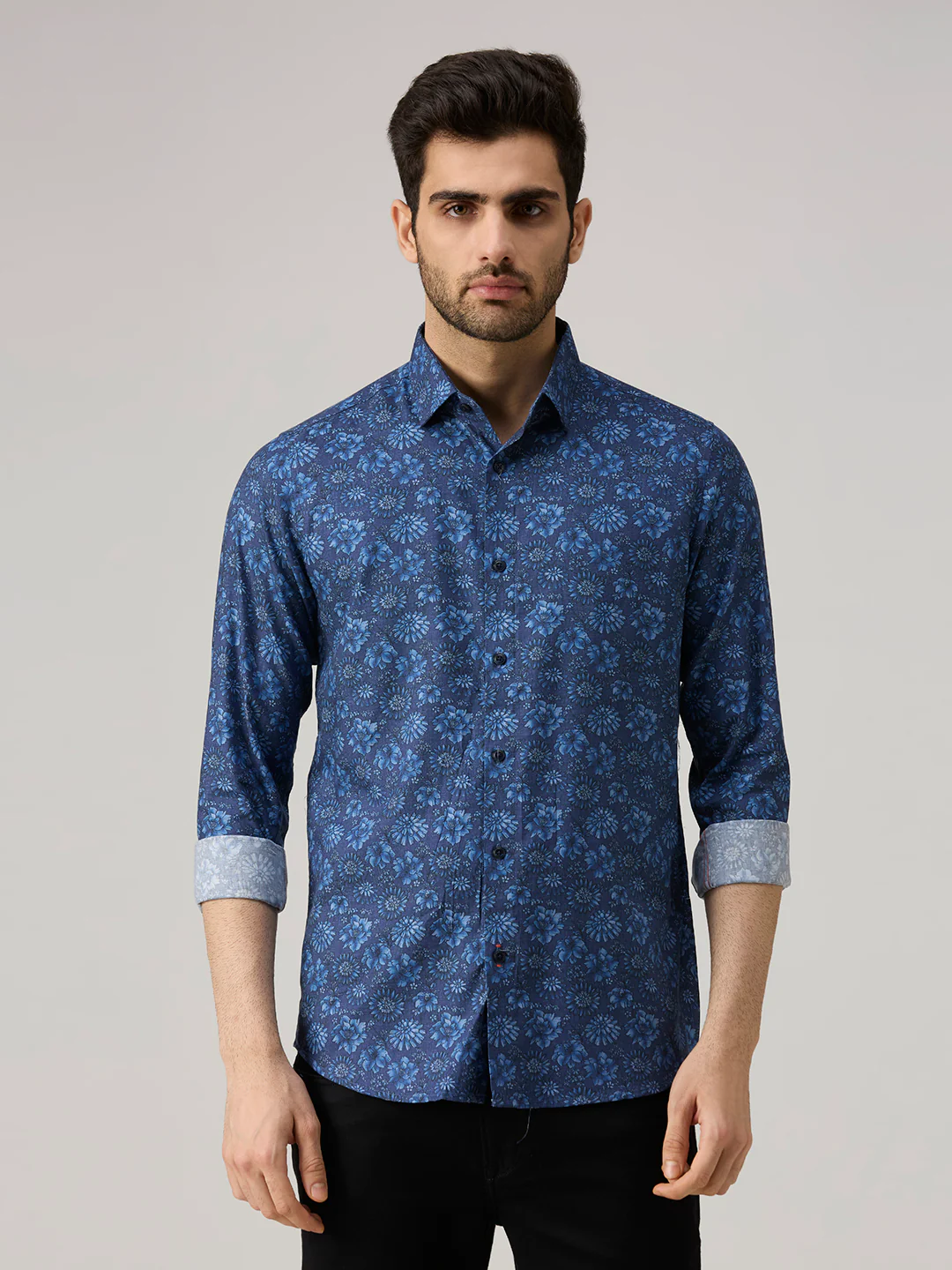 Men's Blue Printed Slim Fit Shirts - Image 3