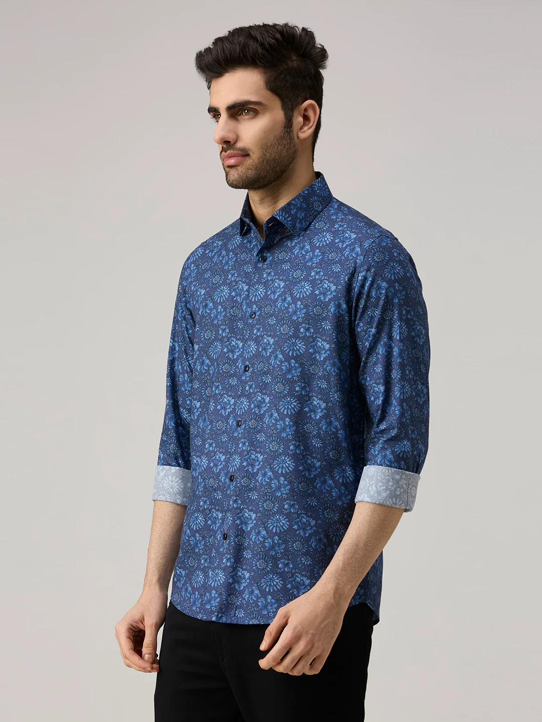 Men's Blue Printed Slim Fit Shirts - Image 4