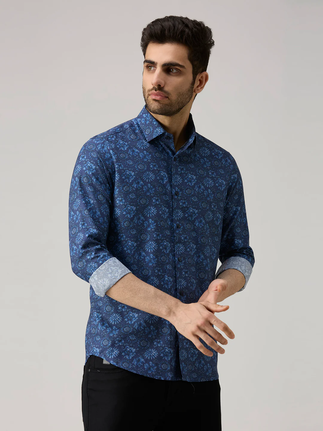 Men's Blue Printed Slim Fit Shirts - Image 5