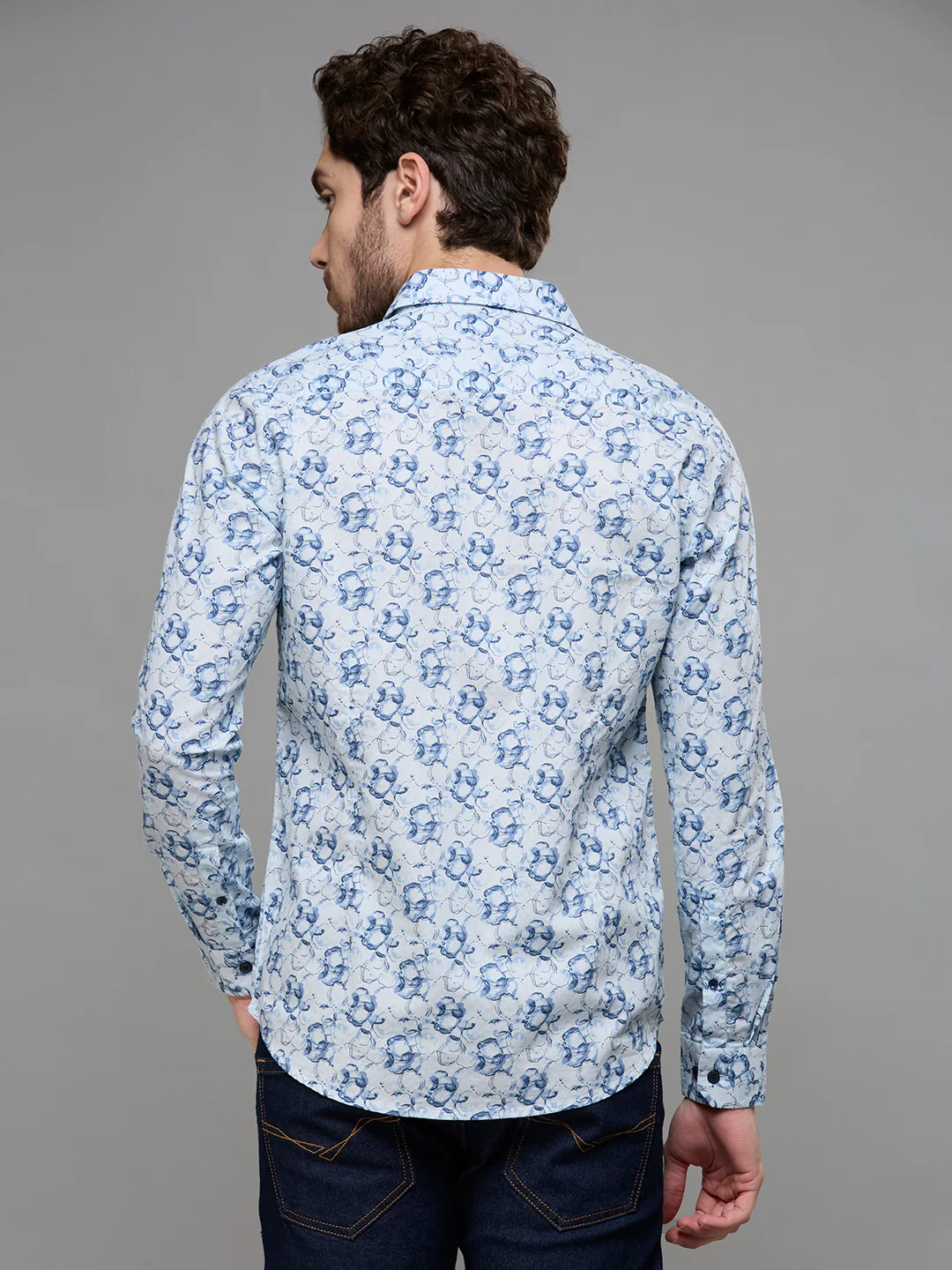 Men's Blue Printed Slim Fit Shirts - Image 6