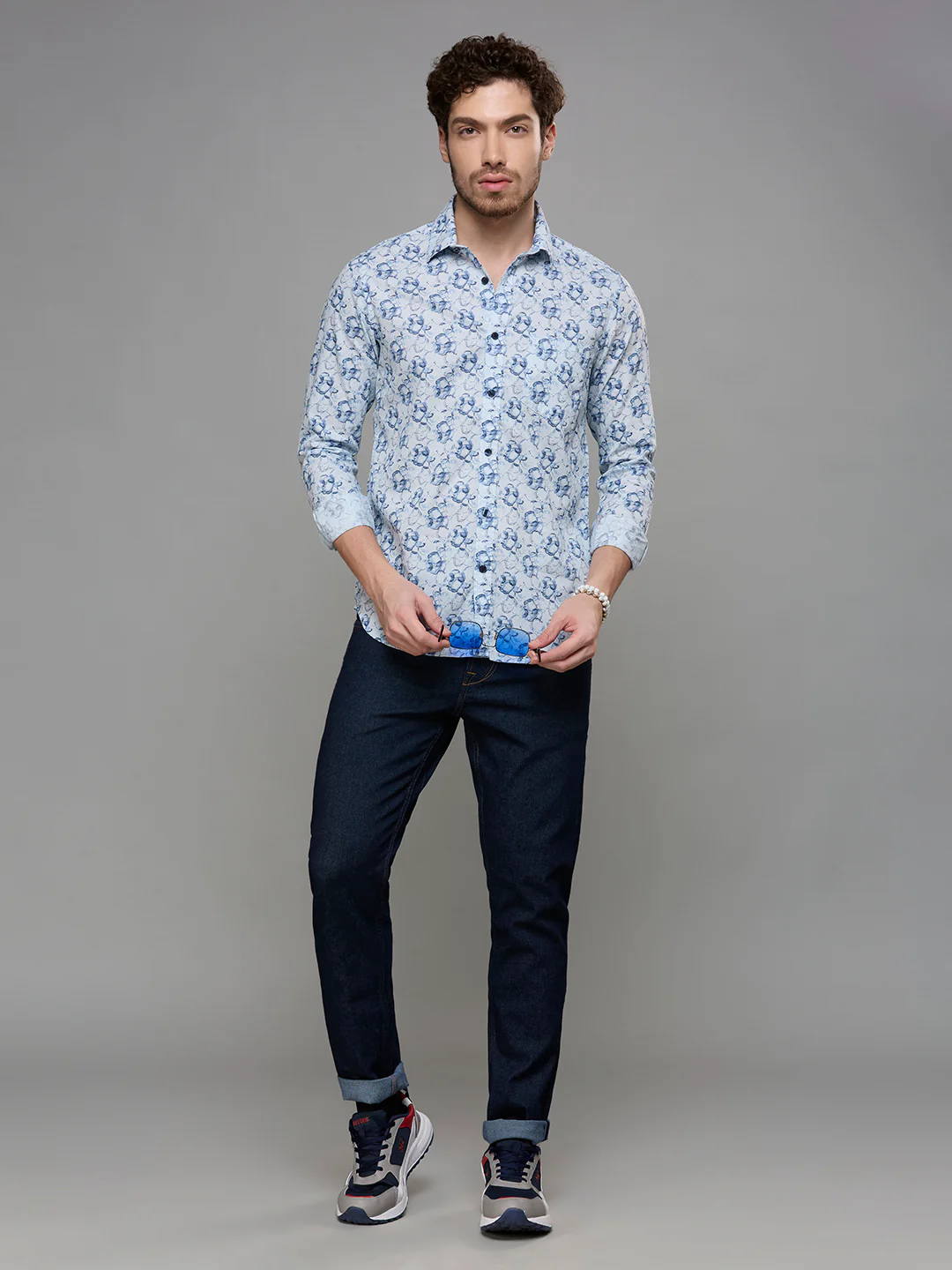 Men's Blue Printed Slim Fit Shirts - Image 8