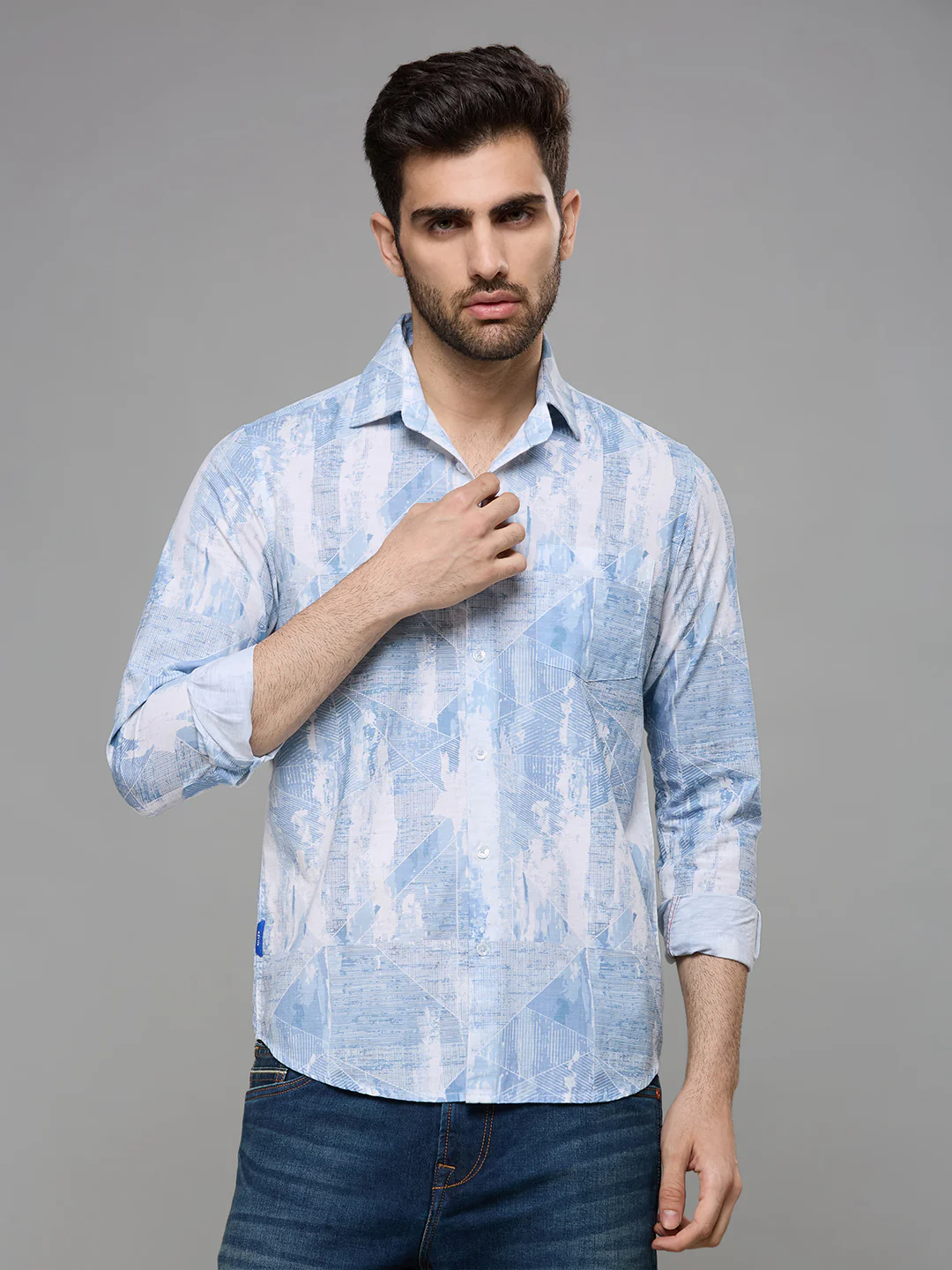 Men's Blue Printed Slim Fit Shirts - Image 3