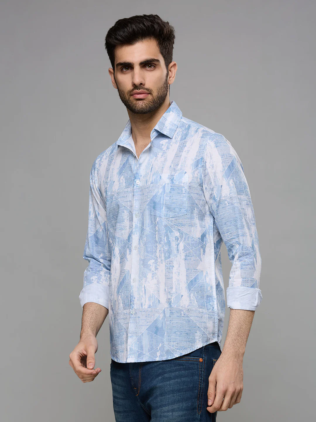 Men's Blue Printed Slim Fit Shirts - Image 4