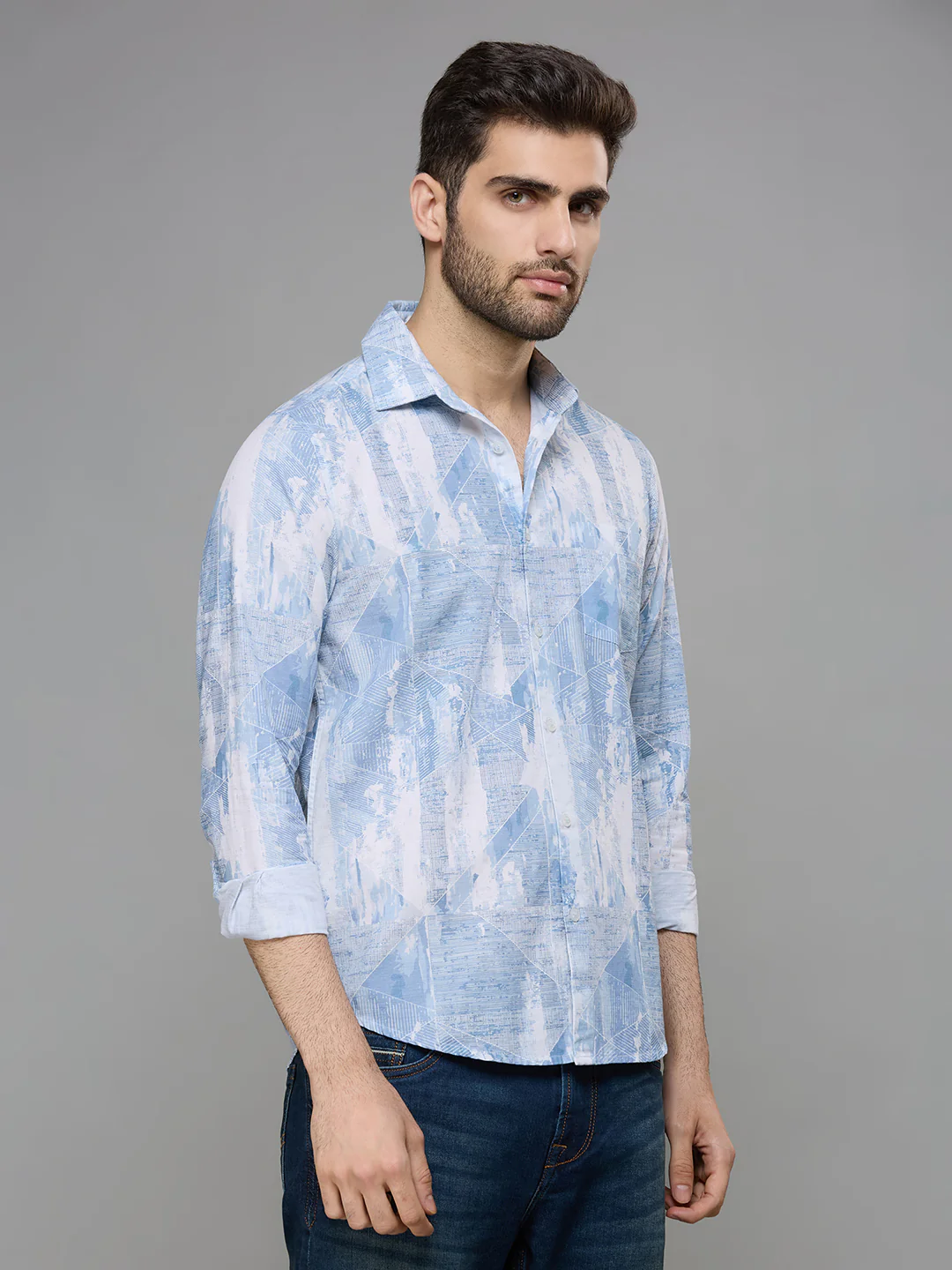 Men's Blue Printed Slim Fit Shirts - Image 5