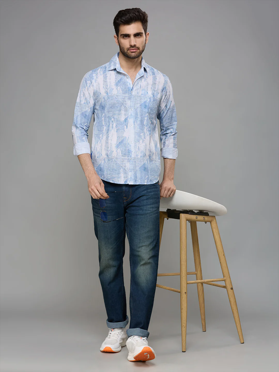 Men's Blue Printed Slim Fit Shirts - Image 8