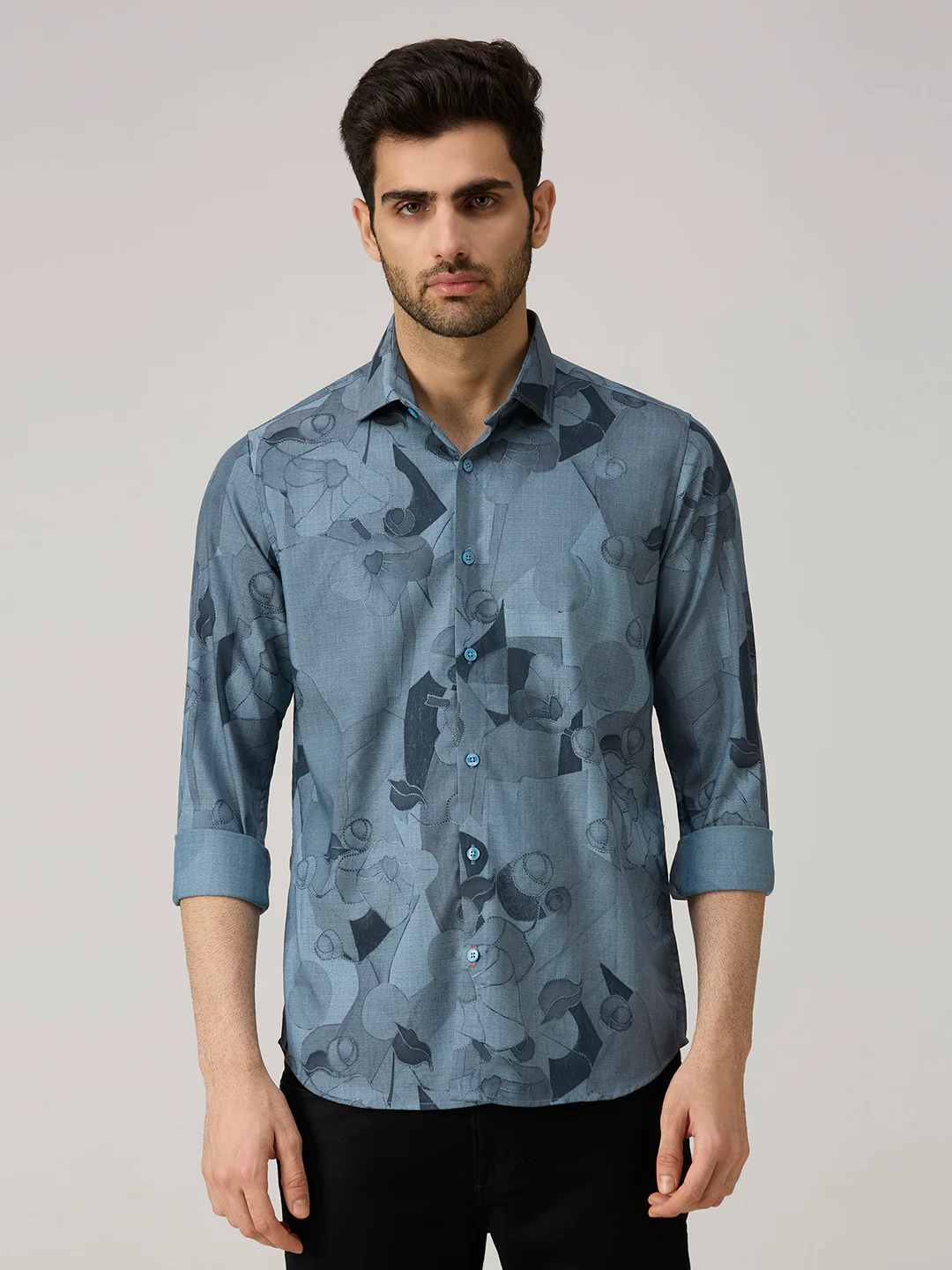 Men's Blue Printed Slim Fit Shirts - Image 3