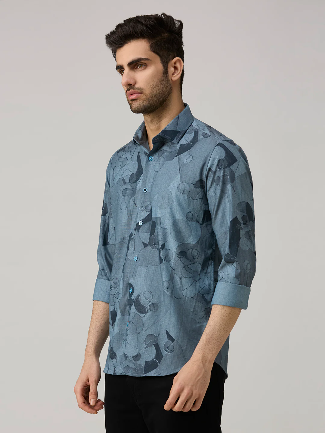 Men's Blue Printed Slim Fit Shirts - Image 4