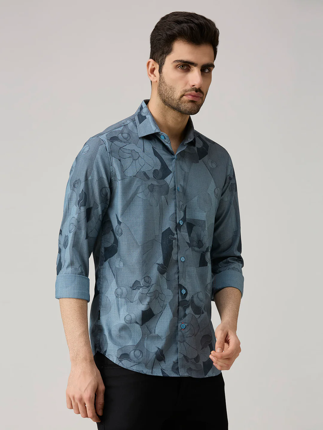 Men's Blue Printed Slim Fit Shirts - Image 5