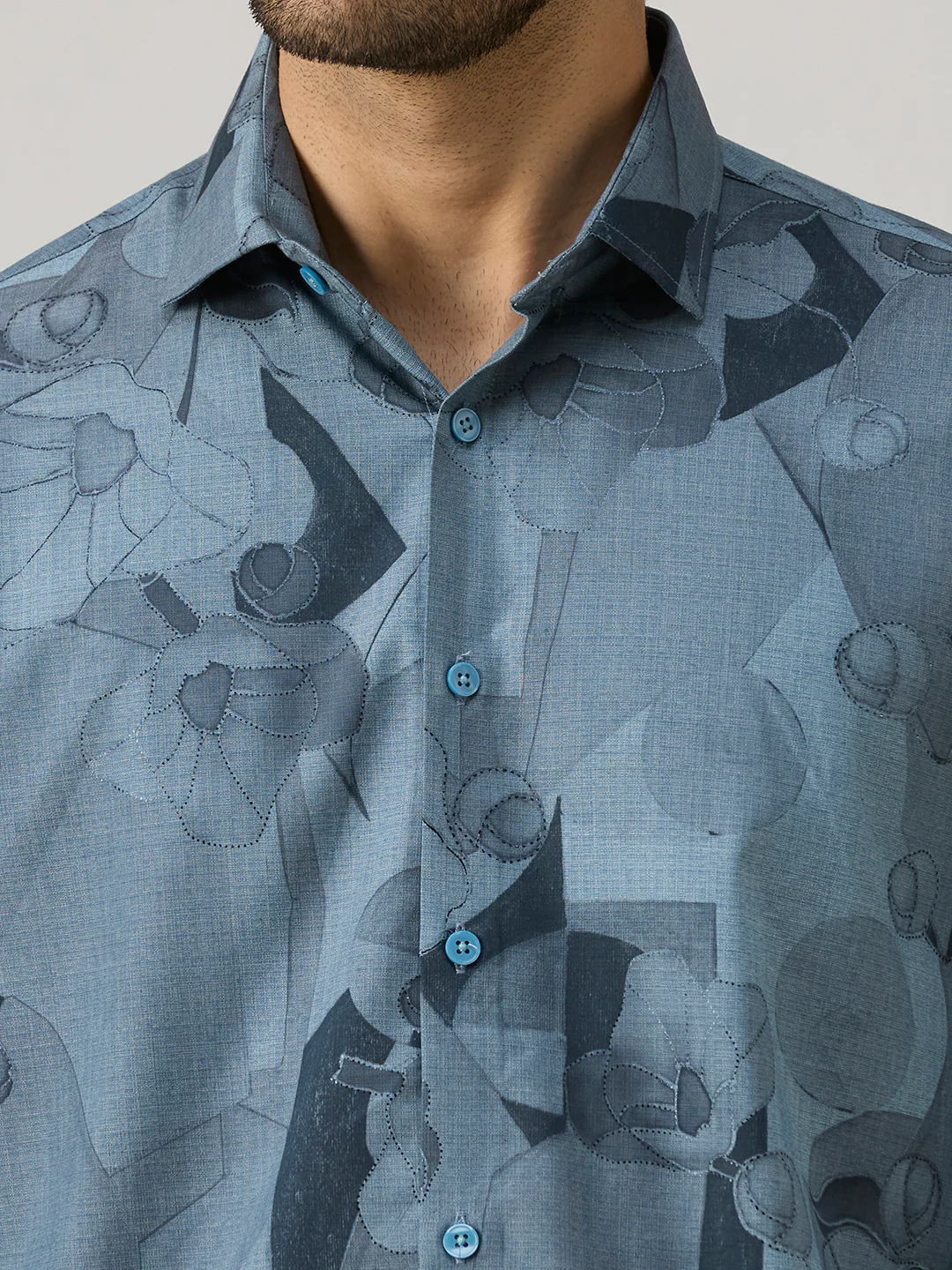 Men's Blue Printed Slim Fit Shirts - Image 7
