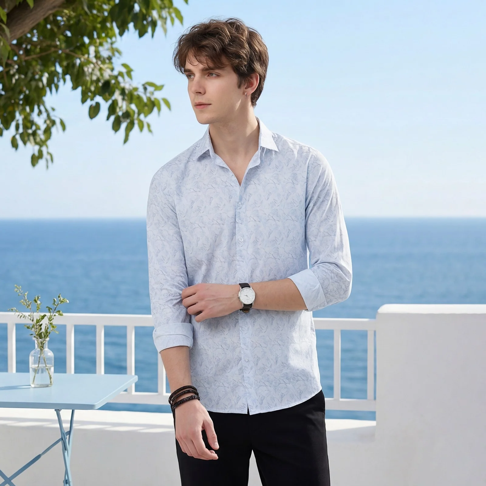 Men's Blue Printed Slim Fit Shirts - Image 2
