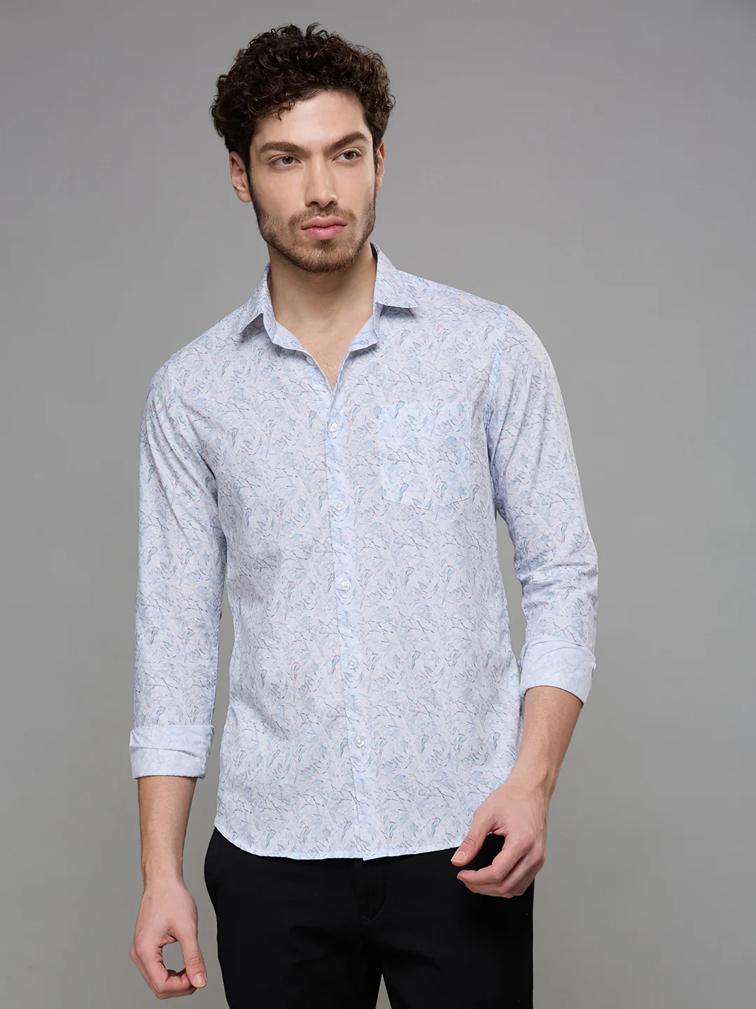 Men's Blue Printed Slim Fit Shirts - Image 3