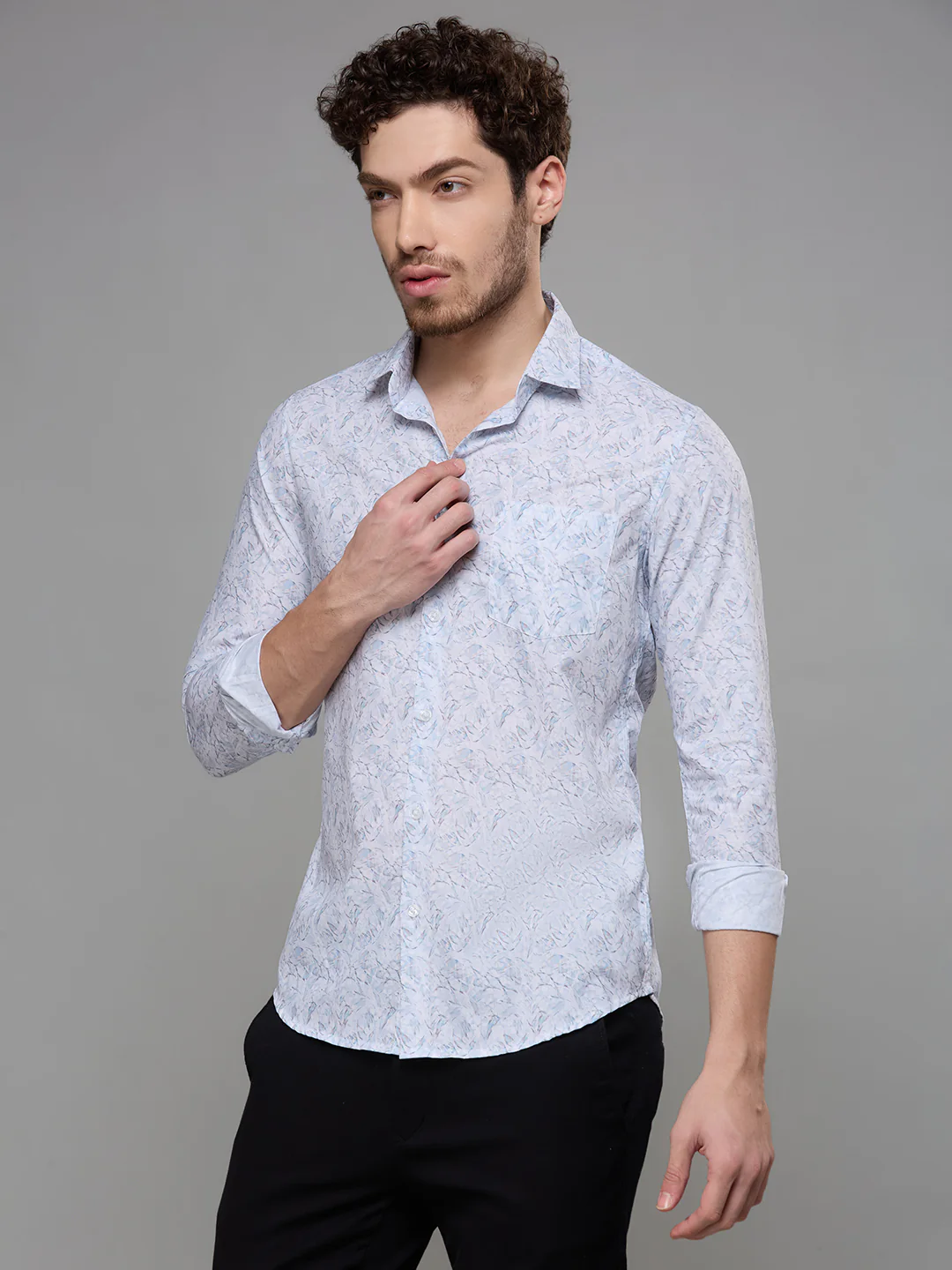 Men's Blue Printed Slim Fit Shirts - Image 4
