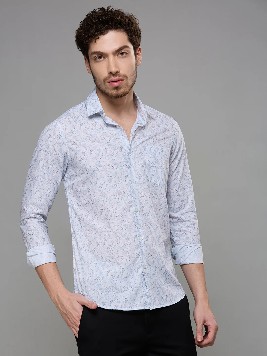 Men's Blue Printed Slim Fit Shirts - Image 5