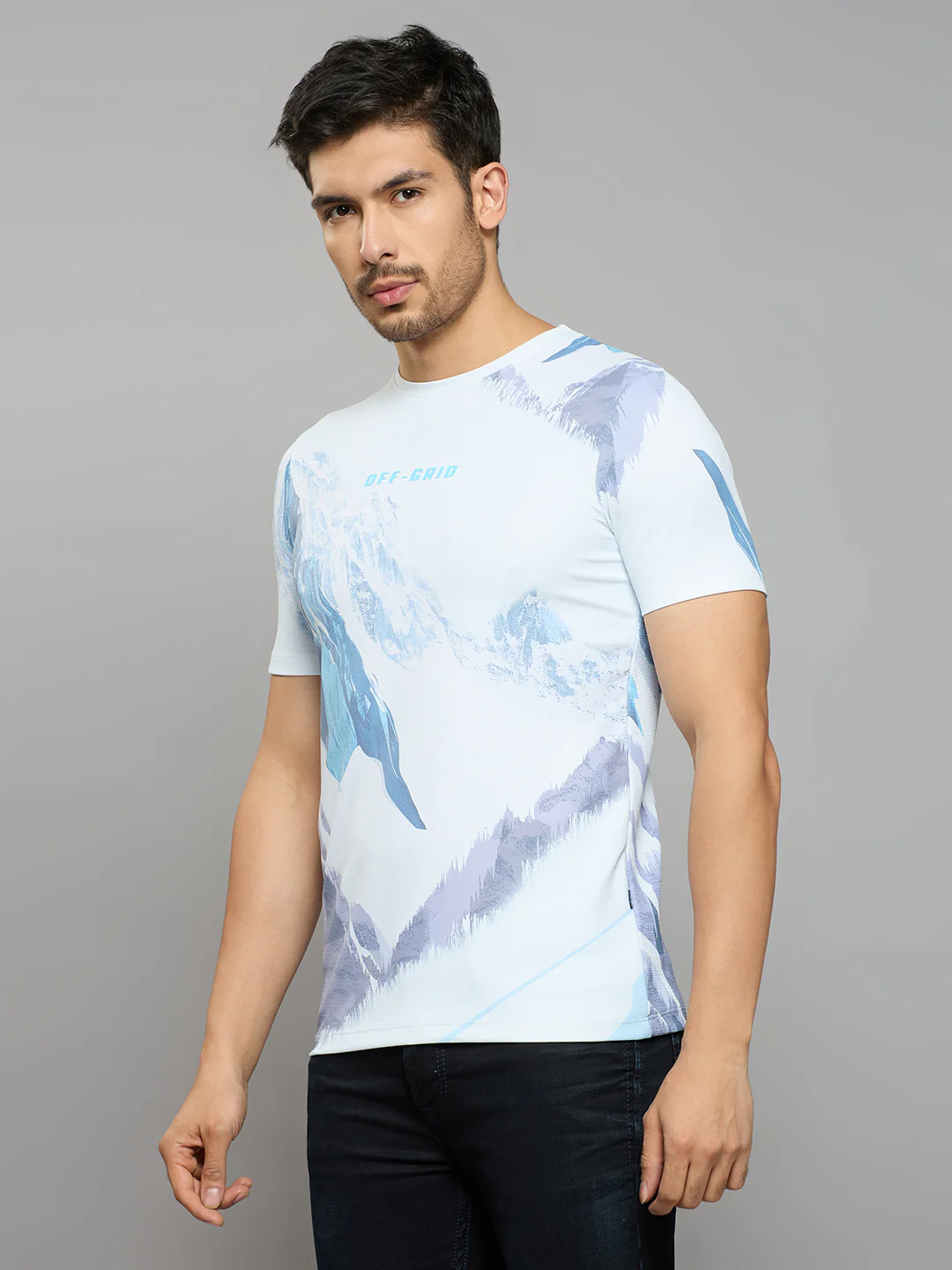 Men's Blue Printed Slim Fit T-Shirts - Image 2