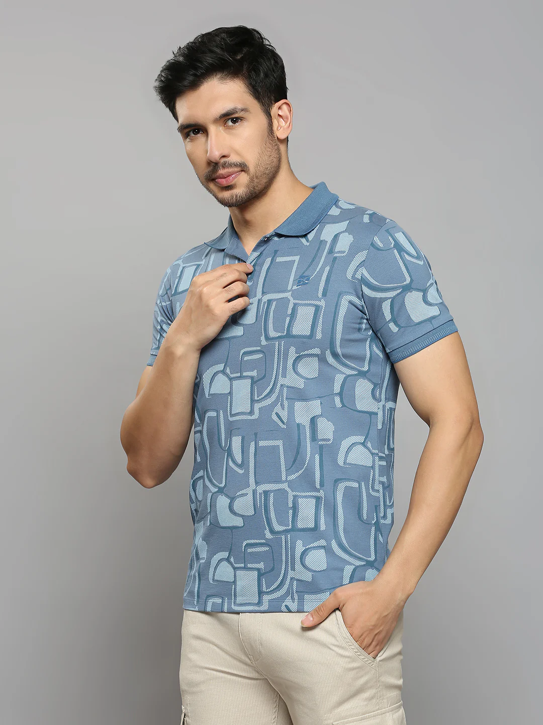 Men's Blue Printed Slim Fit T-Shirts - Image 2