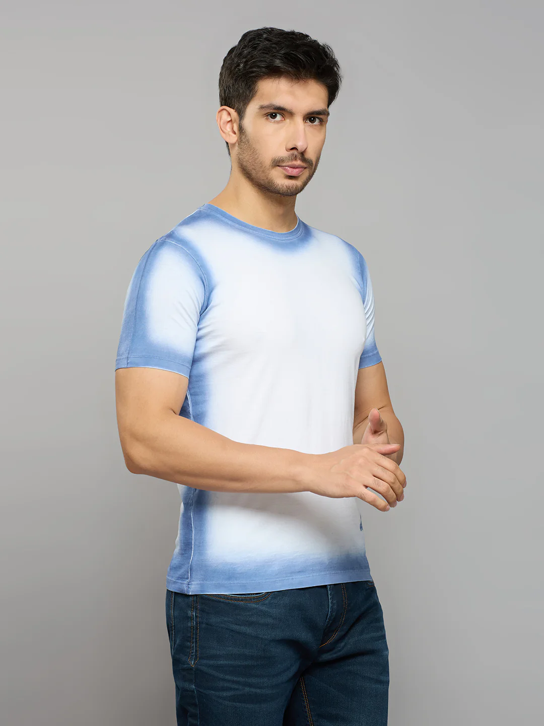 Men's Blue Printed Slim Fit T-Shirts - Image 3