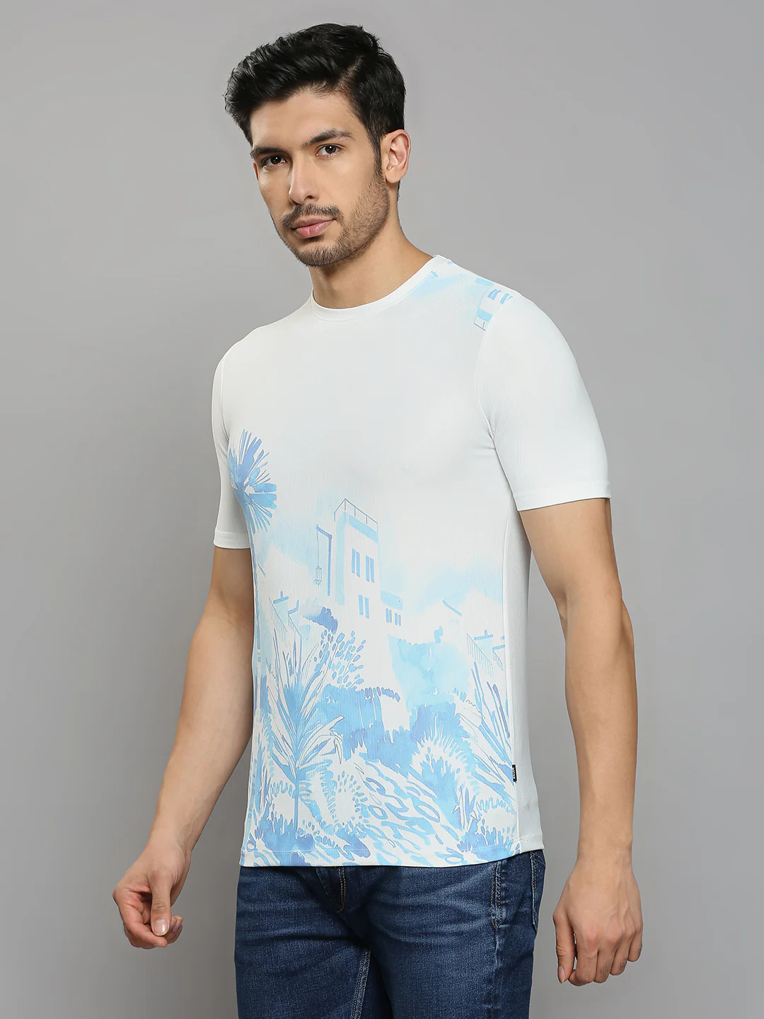 Men's Blue Printed Slim Fit T-Shirts - Image 2