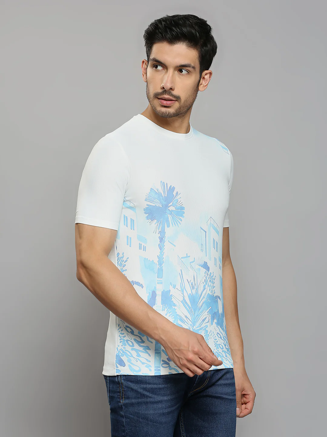 Men's Blue Printed Slim Fit T-Shirts - Image 3