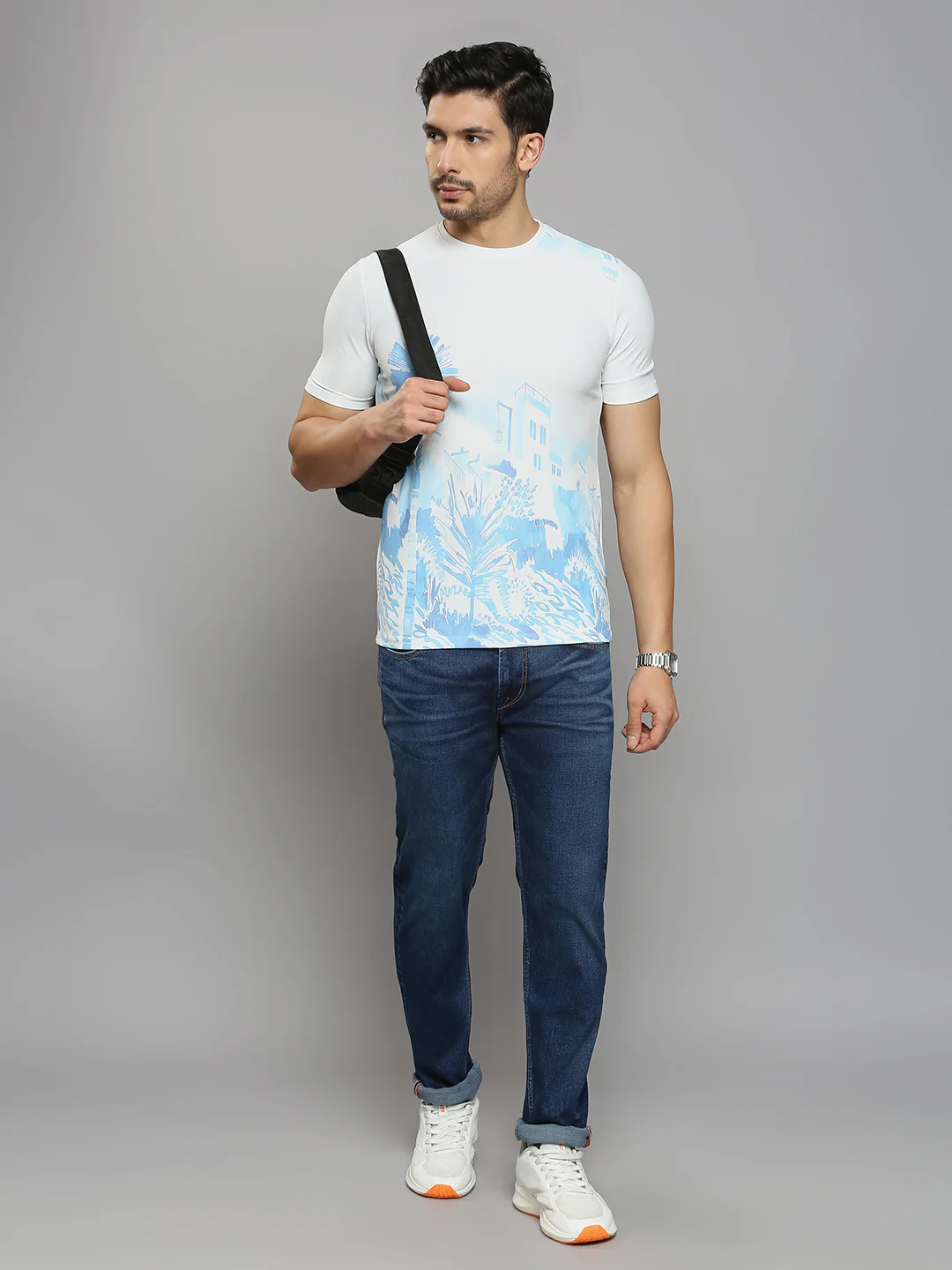 Men's Blue Printed Slim Fit T-Shirts - Image 6