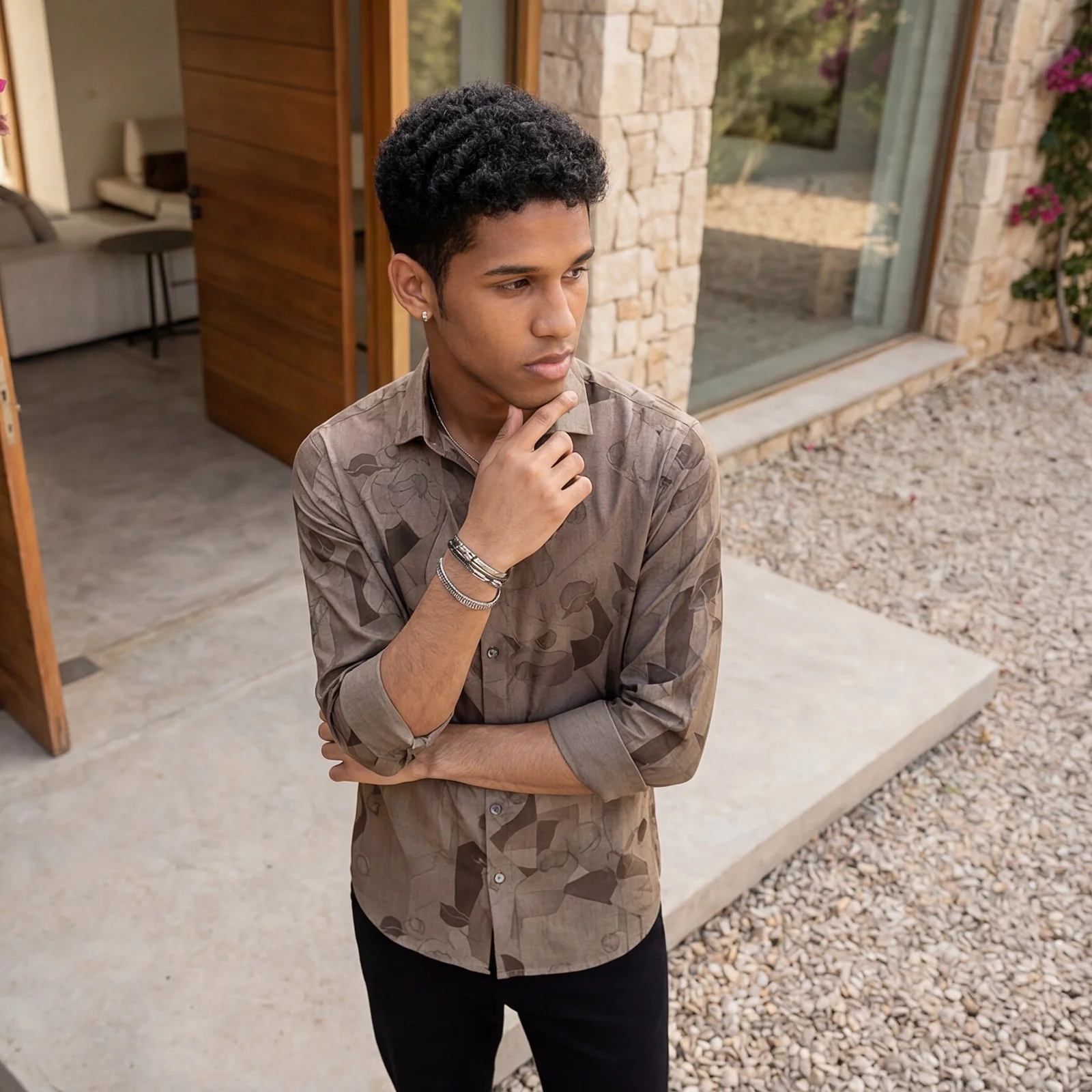 Men's Brown Printed Slim Fit Shirts - Image 2