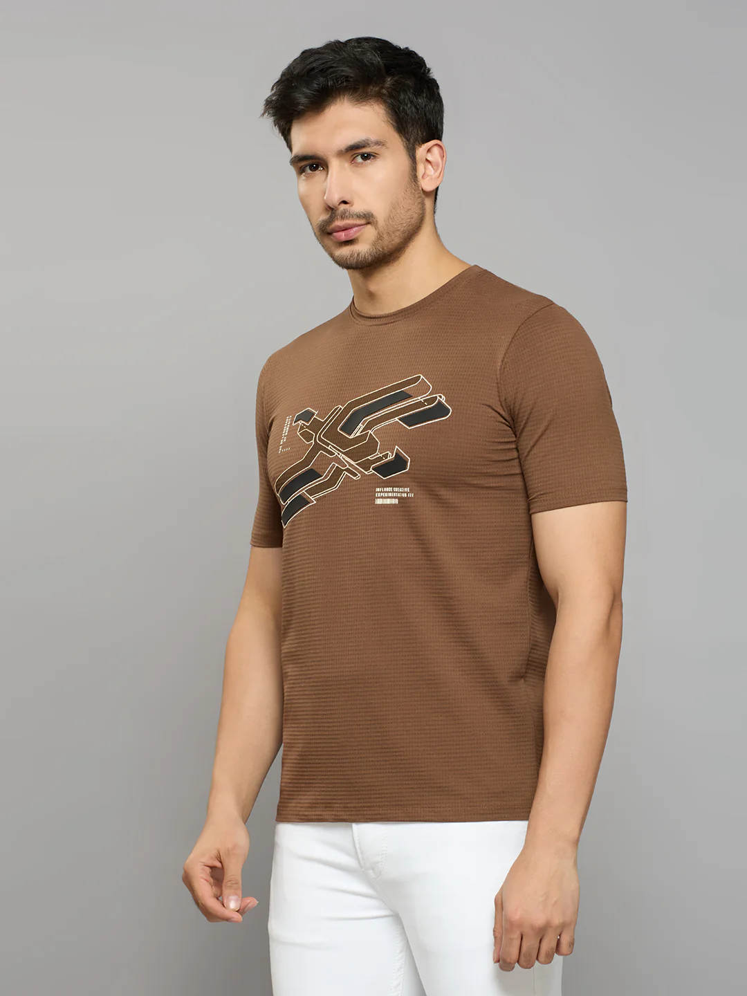 Men's Brown Printed Slim Fit T-Shirts - Image 2