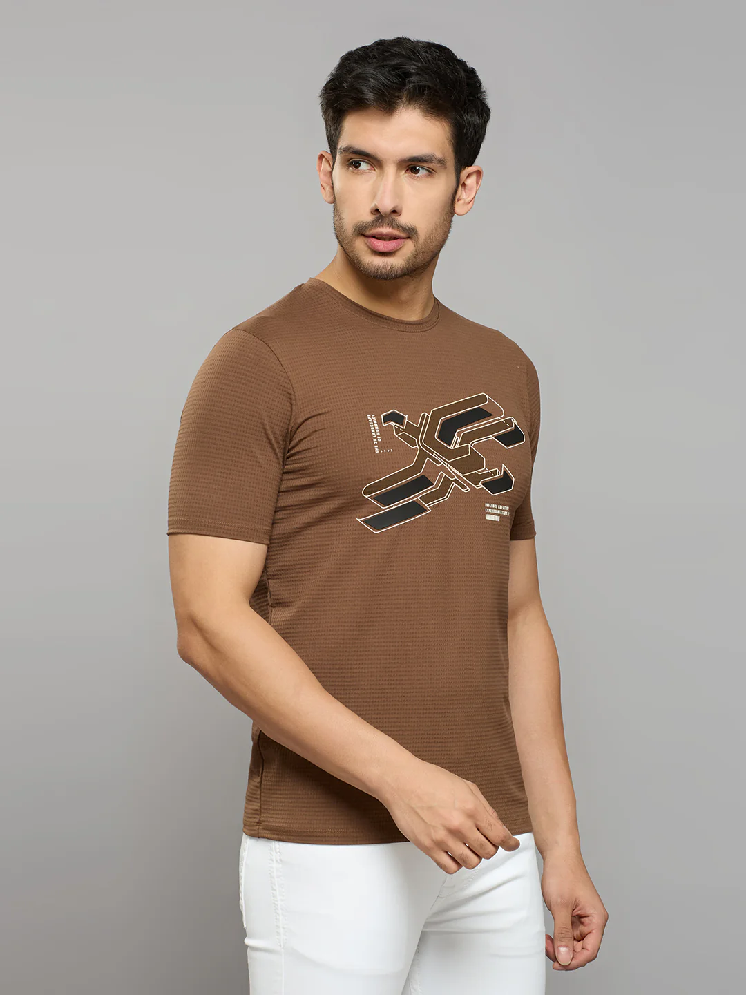 Men's Brown Printed Slim Fit T-Shirts - Image 3