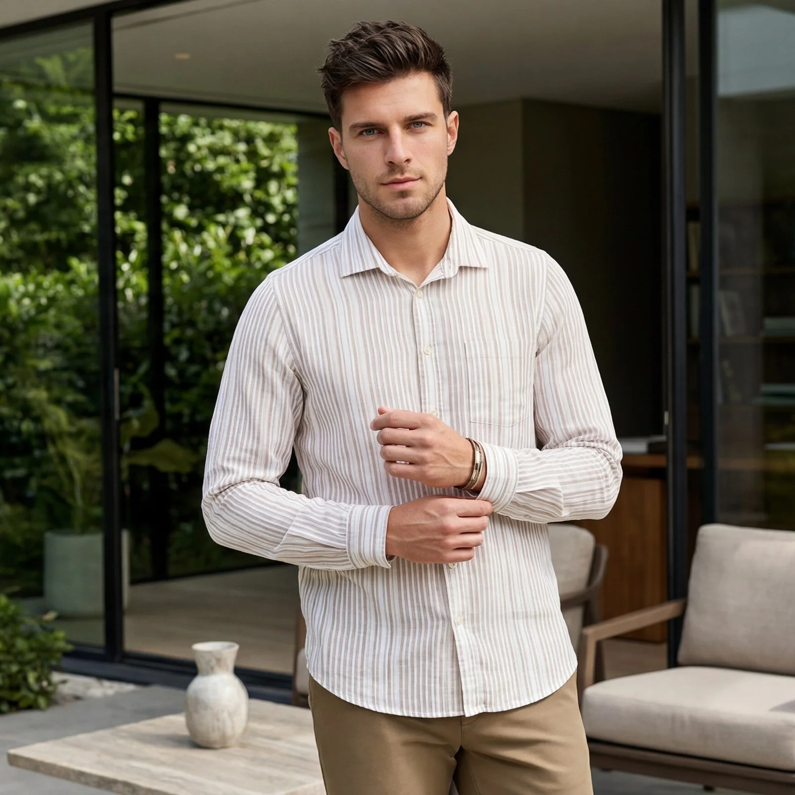 Men's Brown Stripe Slim Fit Shirts - Image 2