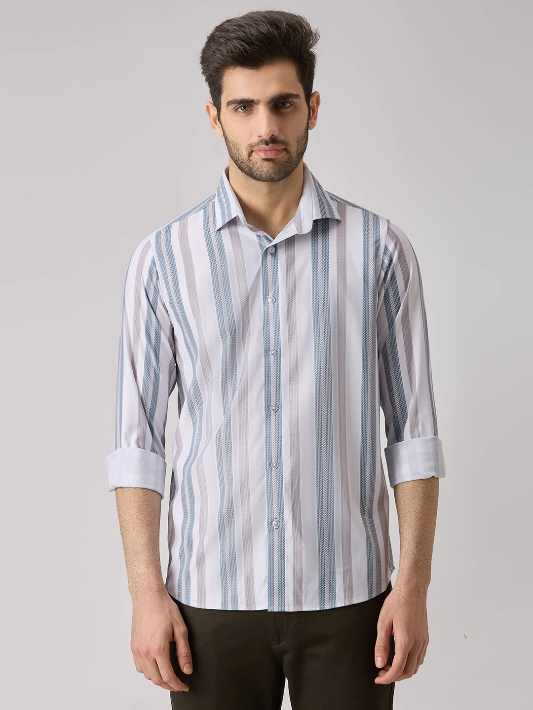 Men's Brown Stripe Slim Fit Shirts - Image 3