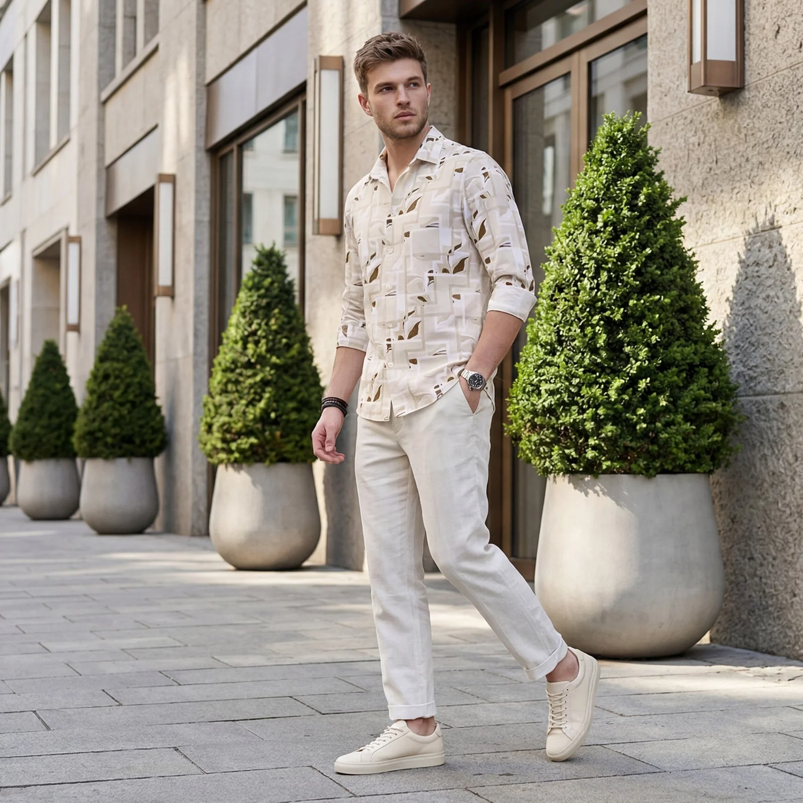Men's Cream Printed Slim Fit Shirts