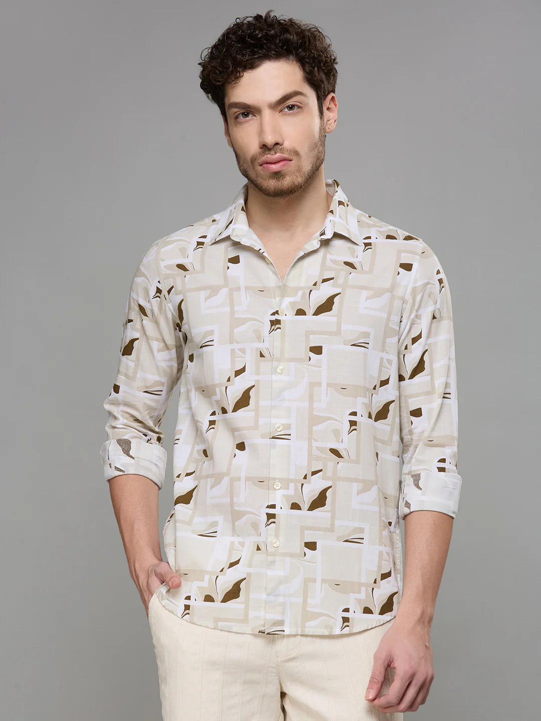 Men's Cream Printed Slim Fit Shirts - Image 3