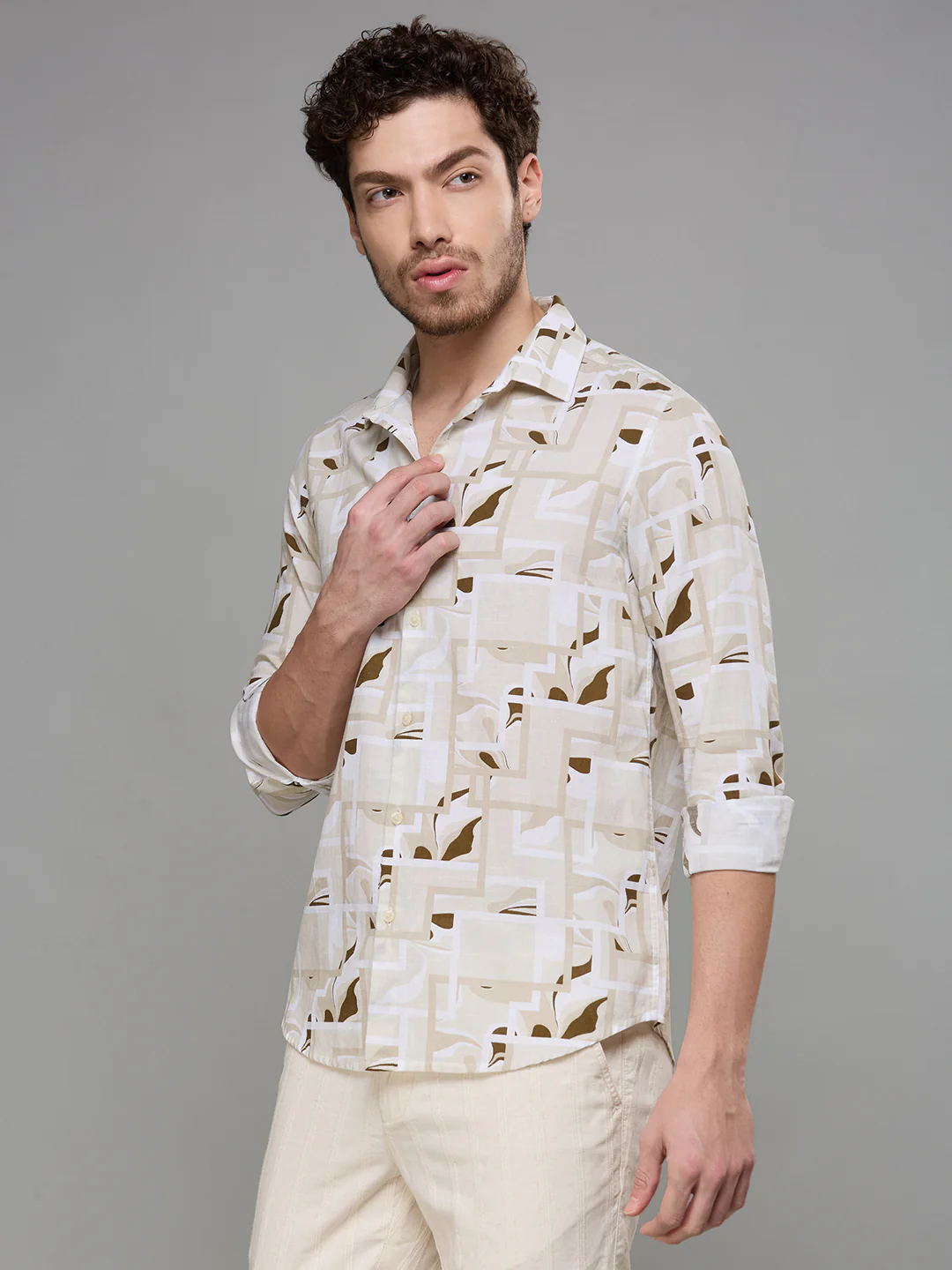 Men's Cream Printed Slim Fit Shirts - Image 4
