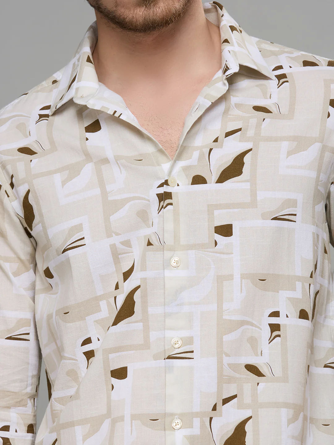 Men's Cream Printed Slim Fit Shirts - Image 7