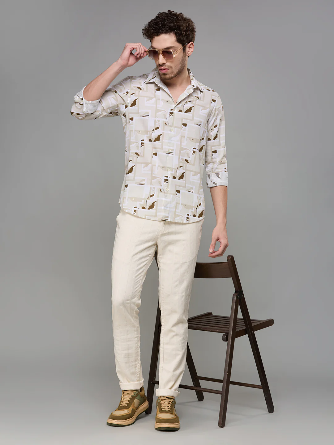 Men's Cream Printed Slim Fit Shirts - Image 8