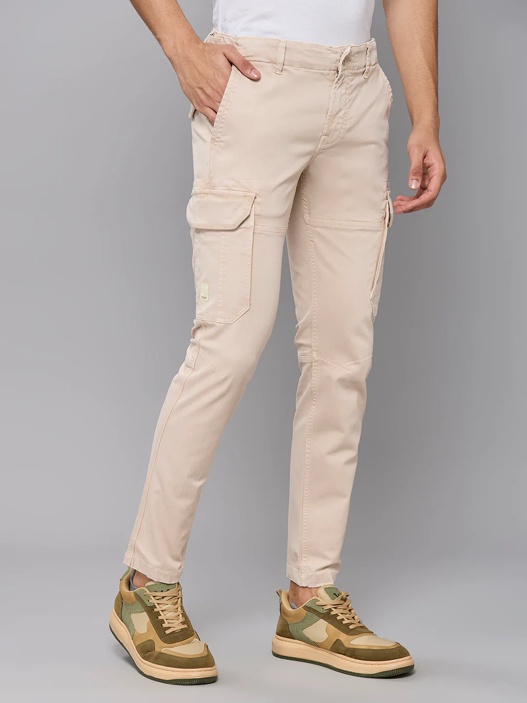 Men's Cream Solid Cargo - Image 3