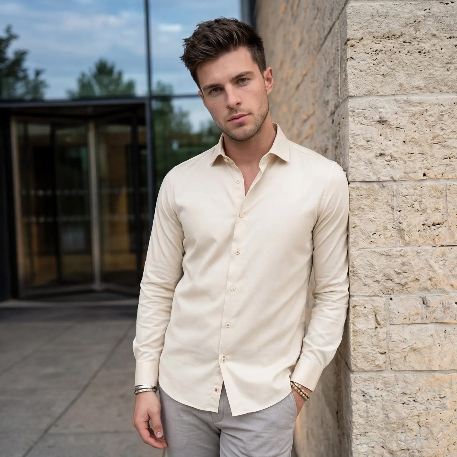 Men's Cream Solid Slim Fit Shirts - Image 2