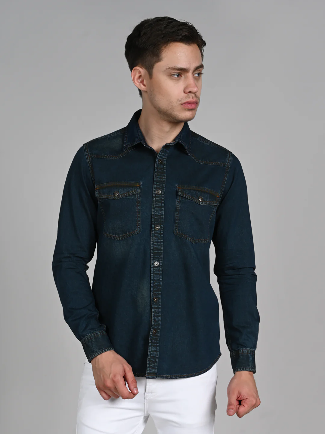 Men's Dark Blue Solid Slim Fit Shirts - Image 4