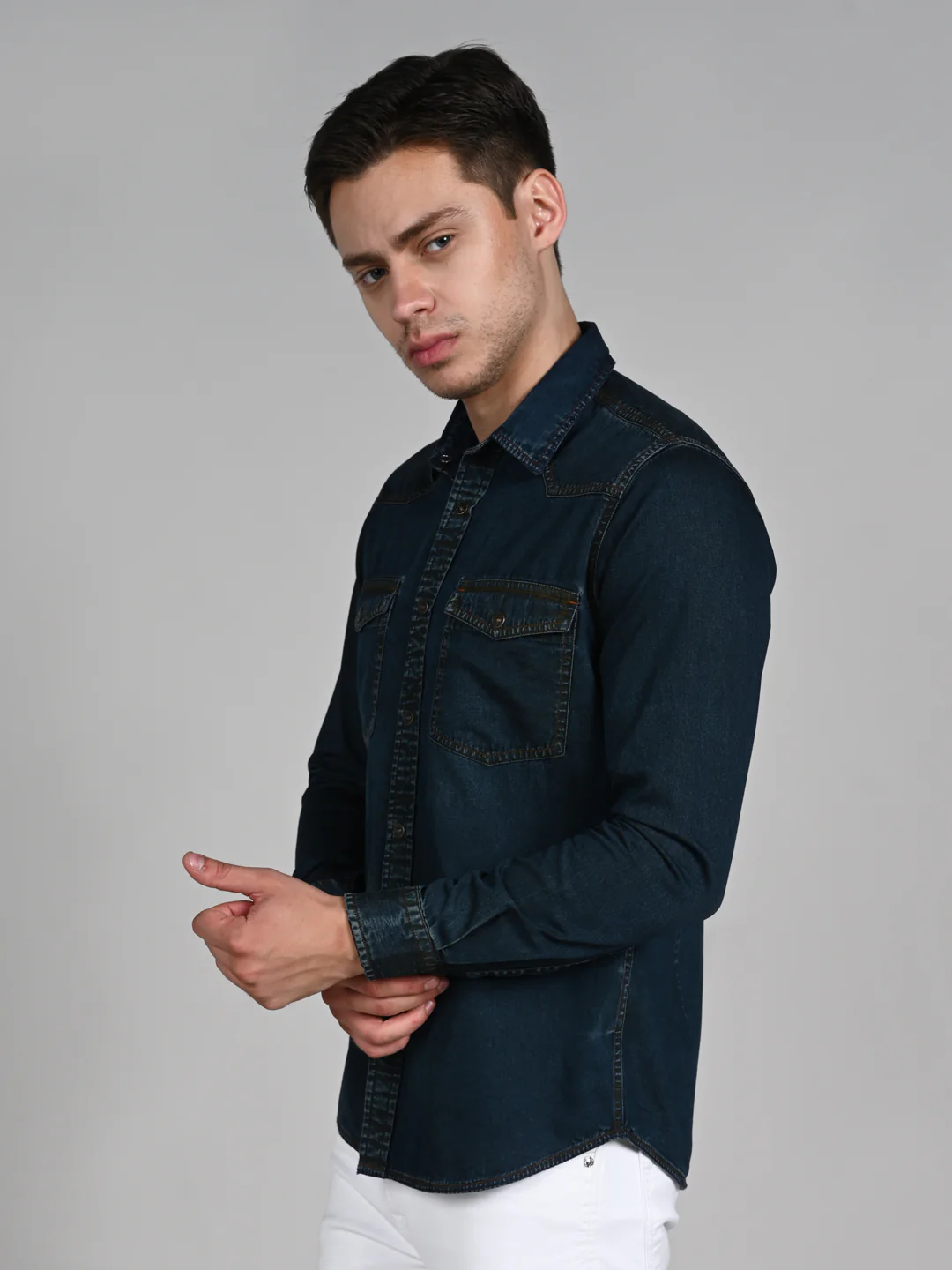 Men's Dark Blue Solid Slim Fit Shirts - Image 5