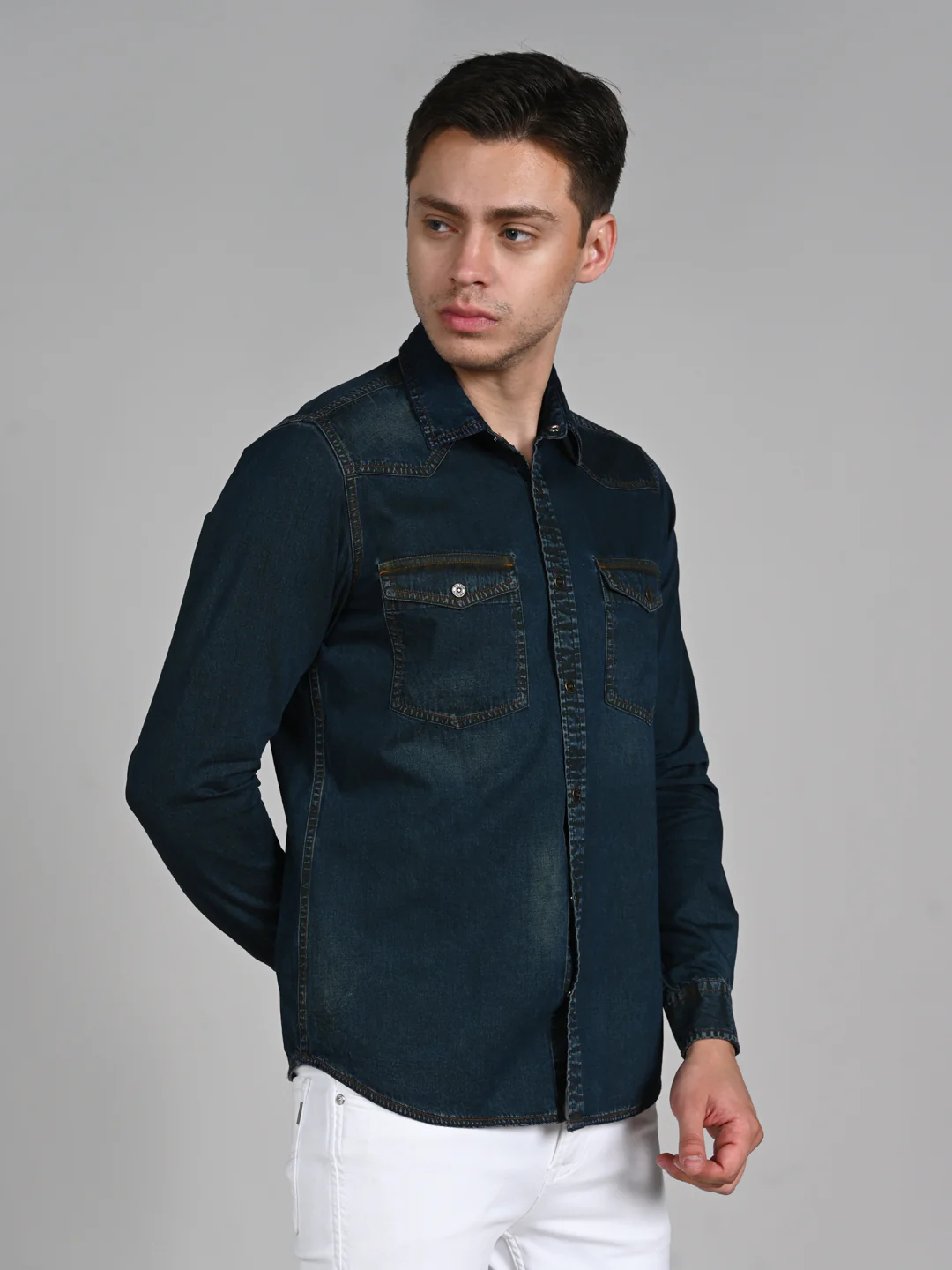 Men's Dark Blue Solid Slim Fit Shirts - Image 6