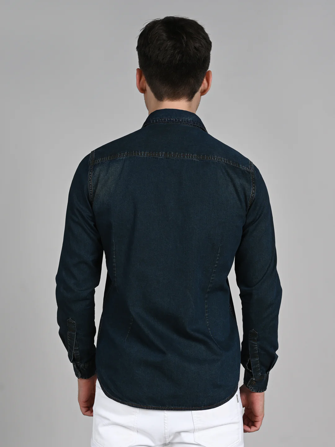 Men's Dark Blue Solid Slim Fit Shirts - Image 7