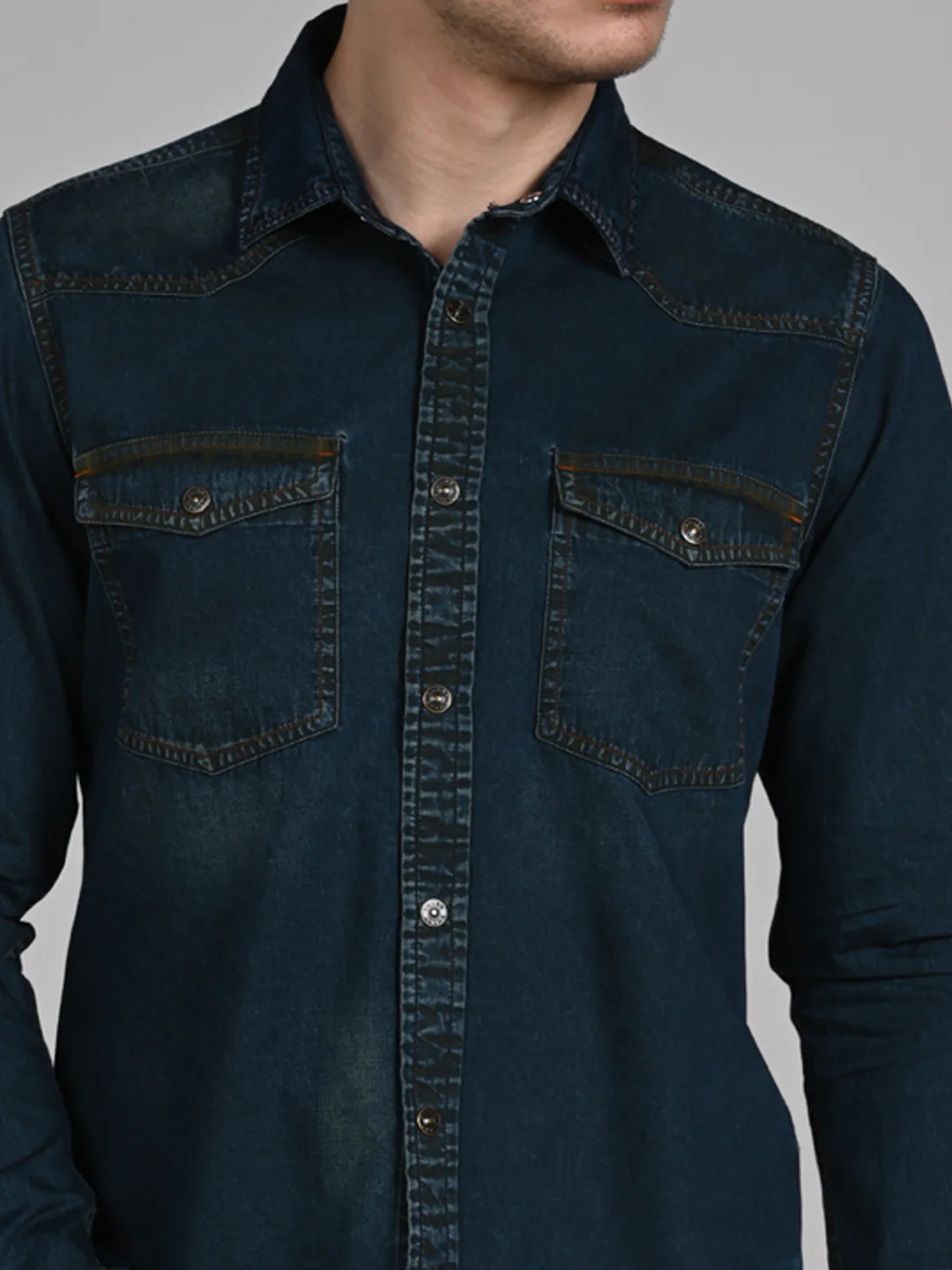 Men's Dark Blue Solid Slim Fit Shirts - Image 8