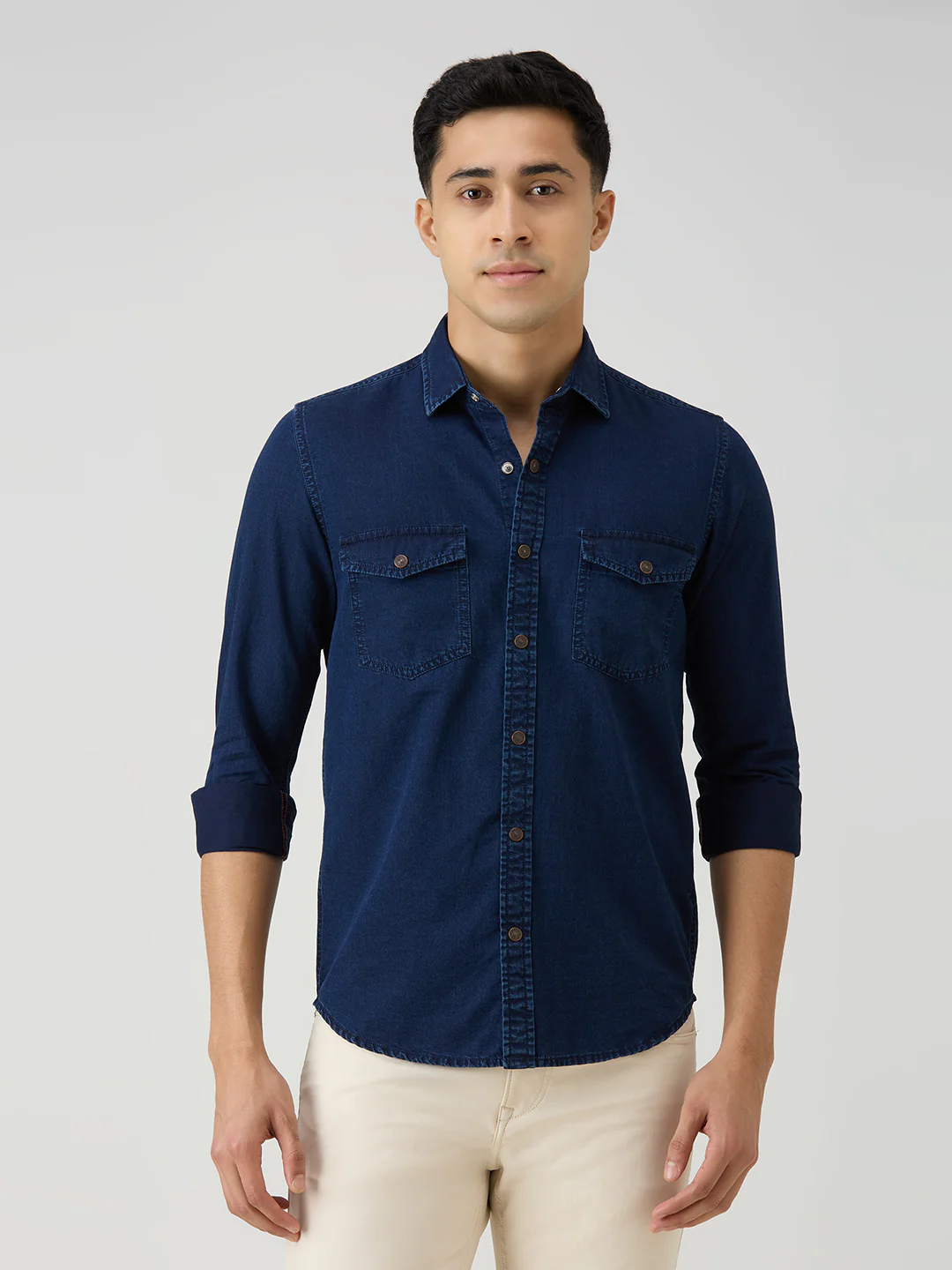 Men's Dark Blue Solid Slim Fit Shirts - Image 3