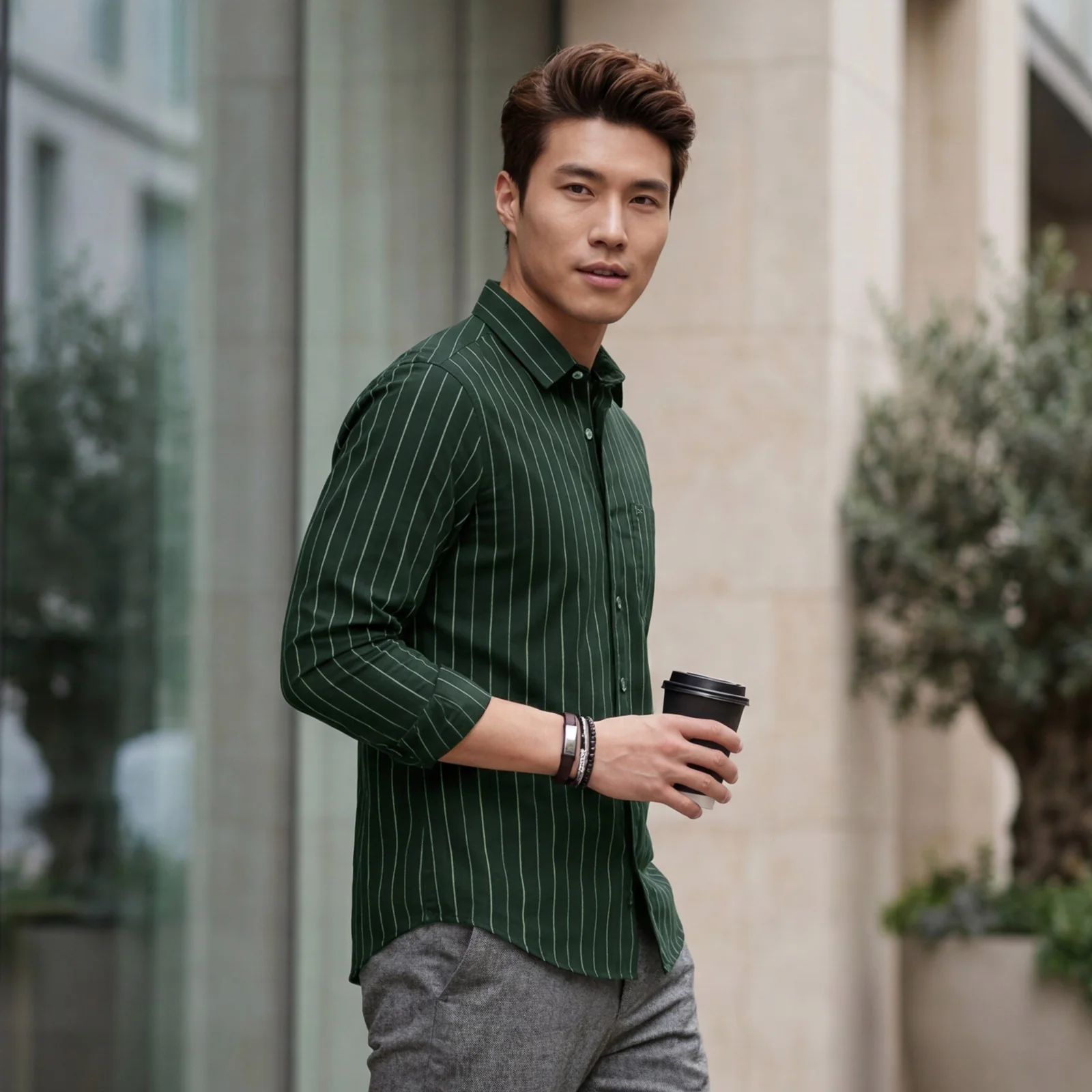 Men's Dark Green Stripe Slim Fit Shirts - Image 2