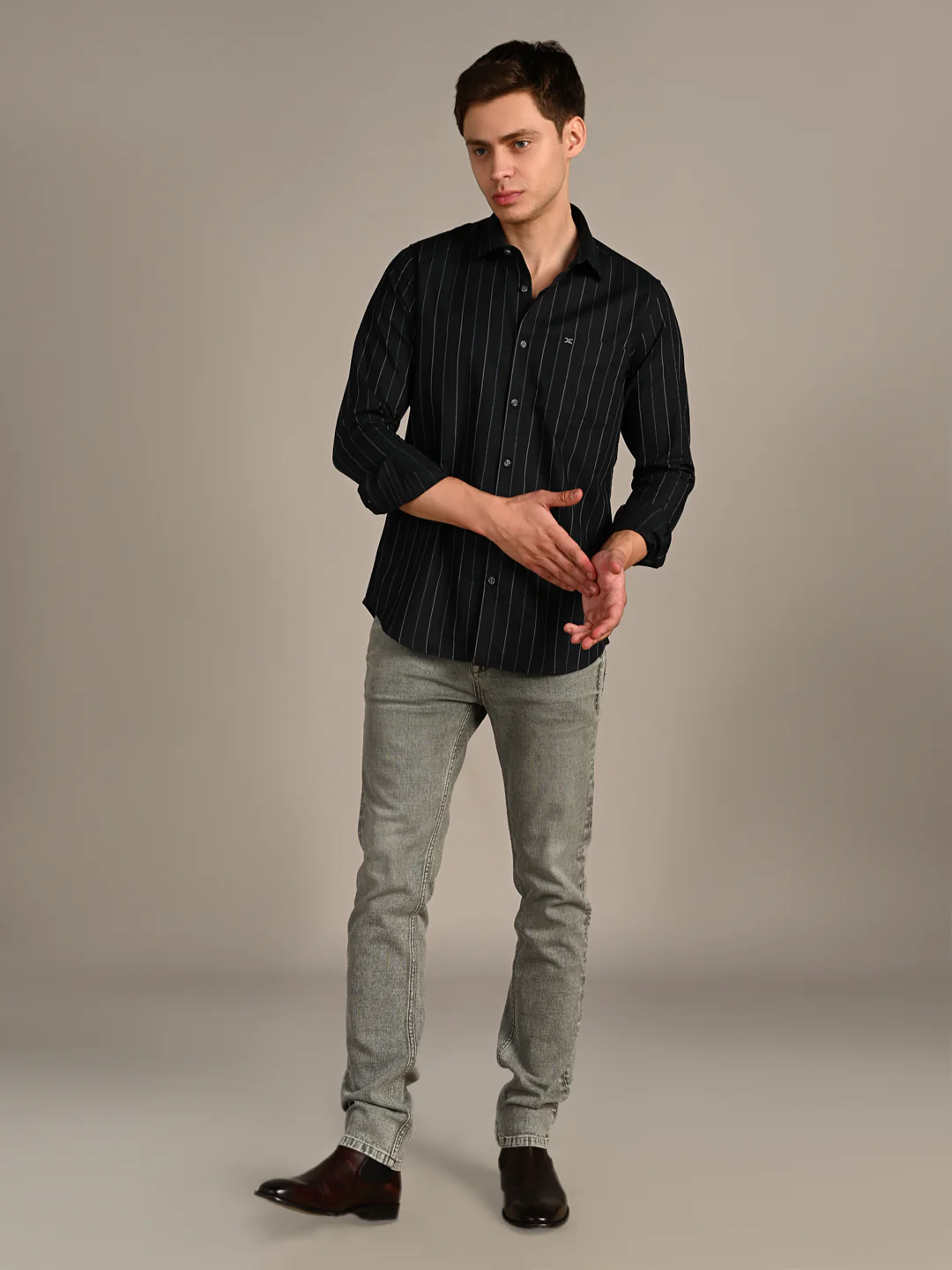 Men's Dark Green Stripe Slim Fit Shirts - Image 3