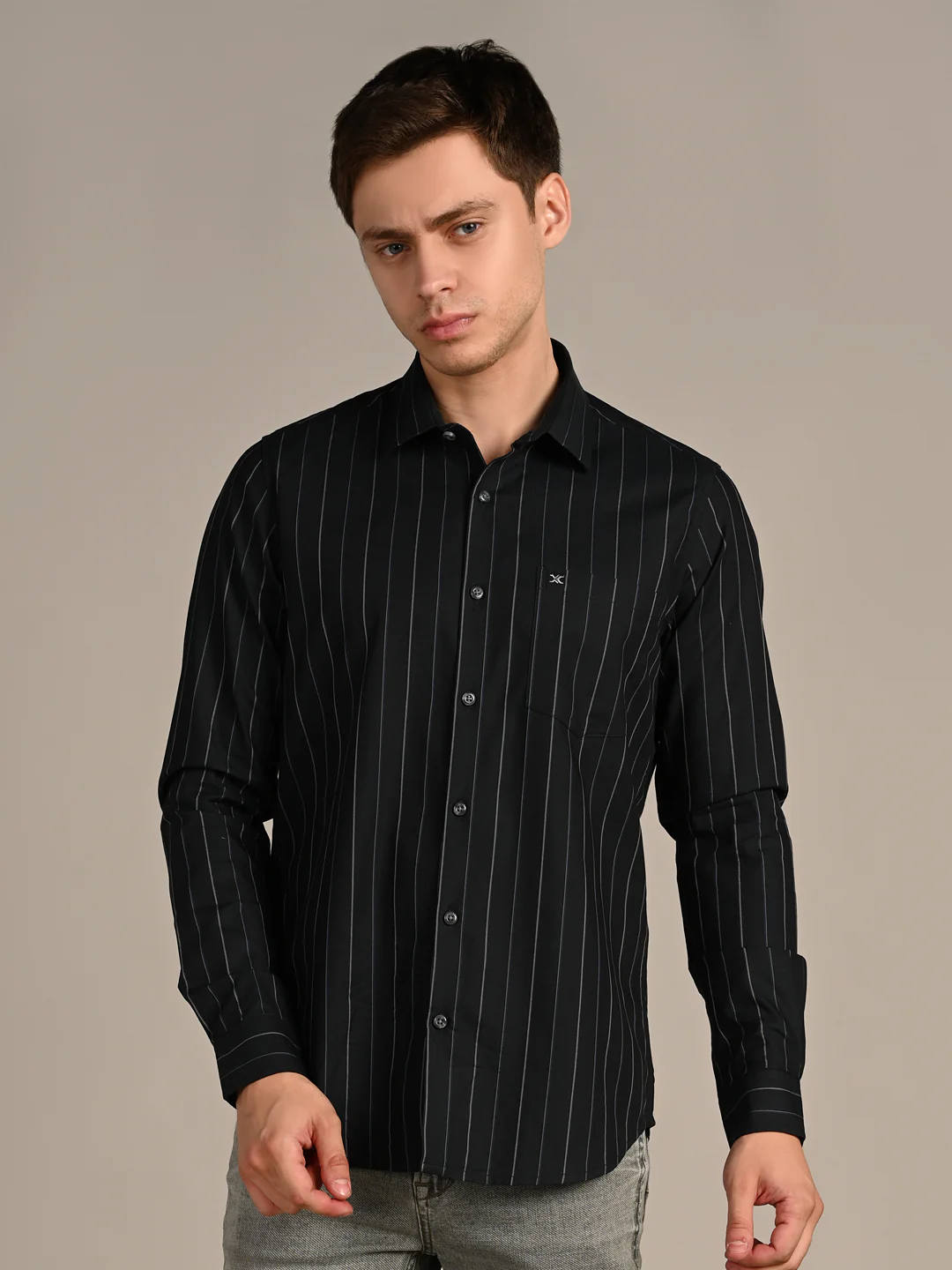 Men's Dark Green Stripe Slim Fit Shirts - Image 4