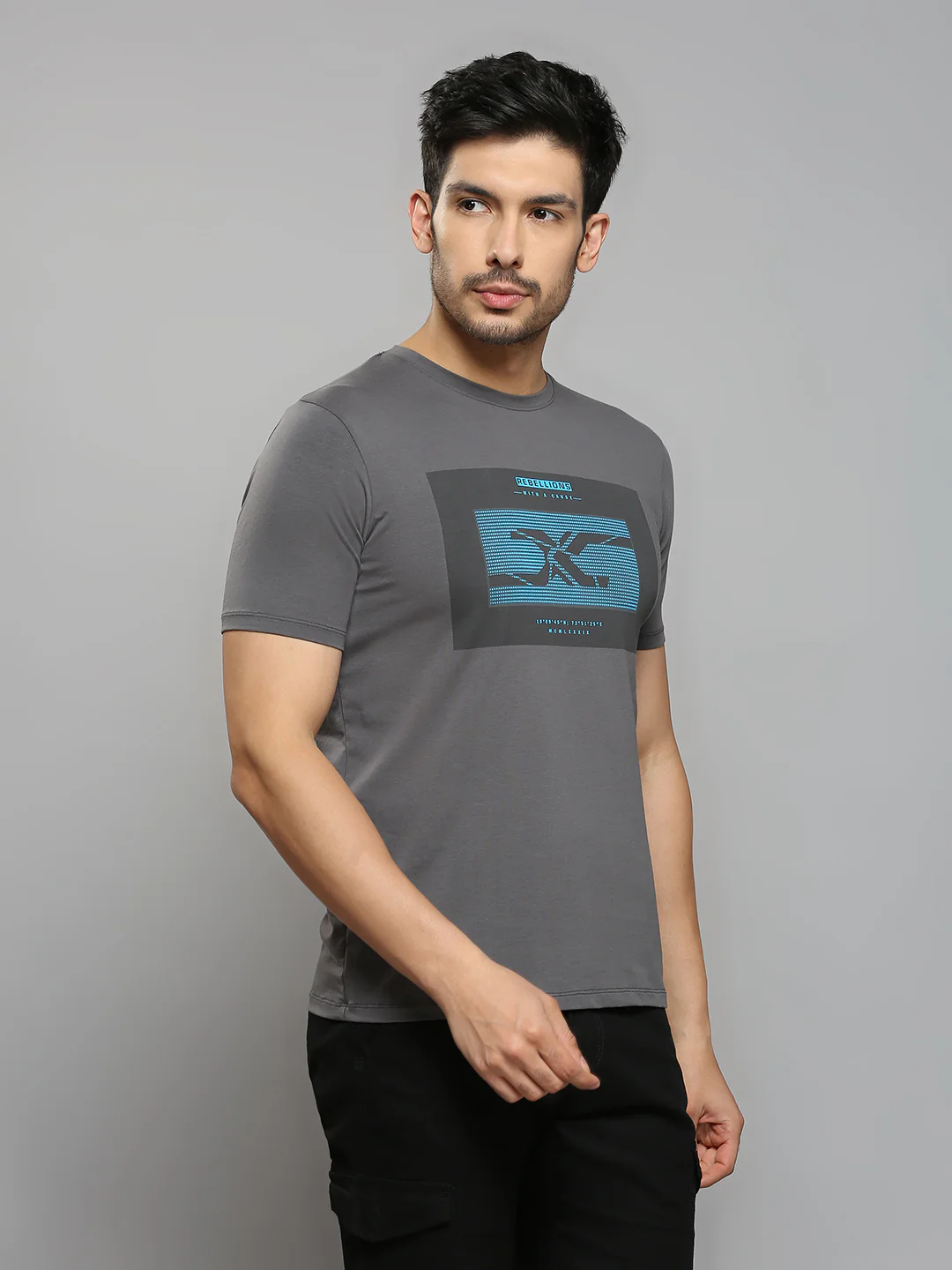 Men's Dark Grey Printed Slim Fit T-Shirts - Image 3
