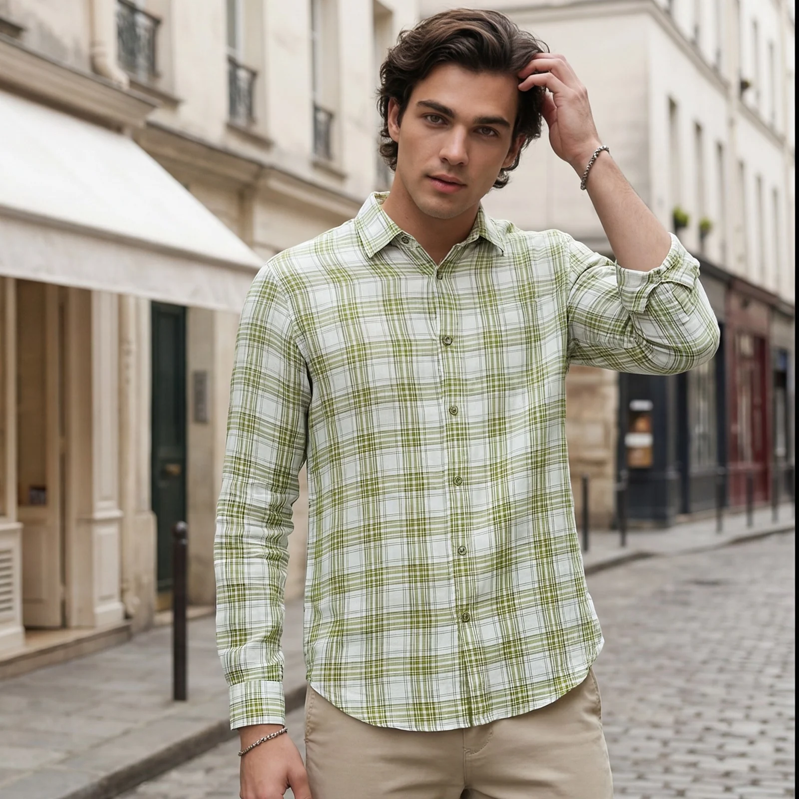 Men's Green Checks Slim Fit Shirts - Image 2