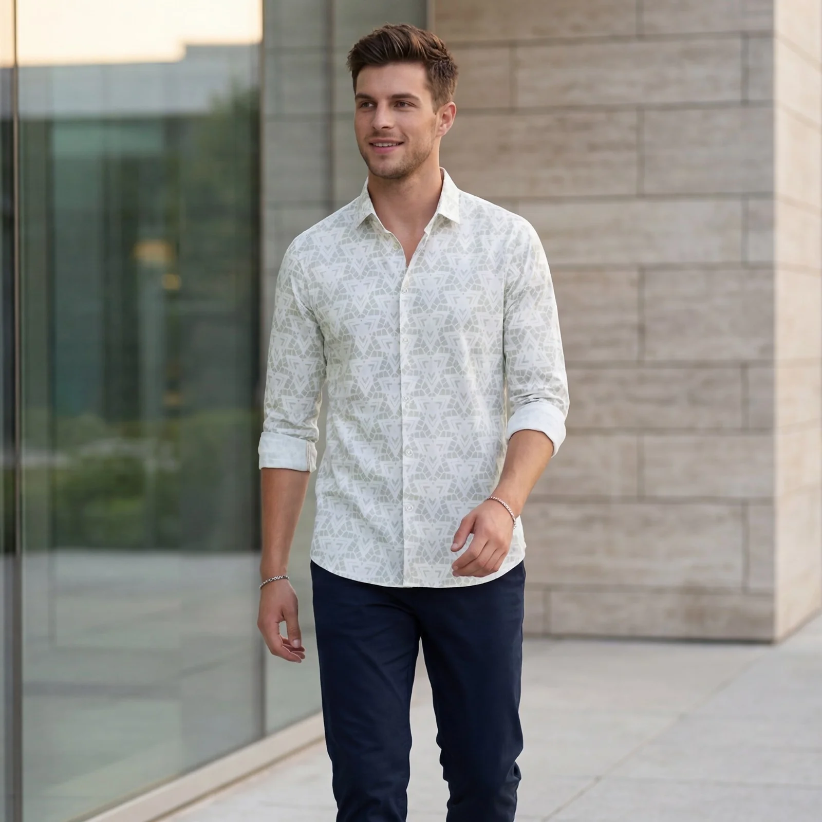 Men's Green Printed Slim Fit Shirts - Image 2