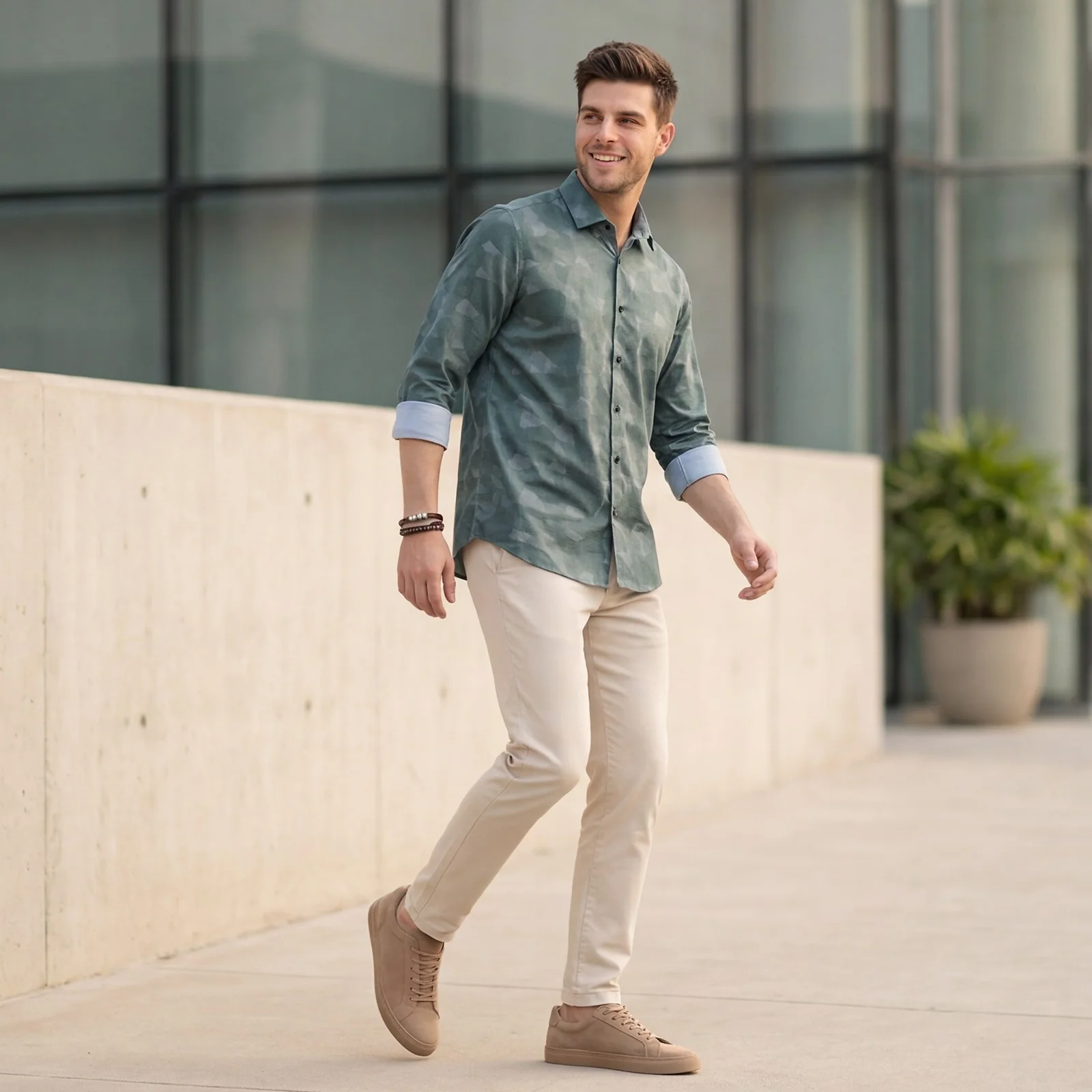 Men's Green Printed Slim Fit Shirts