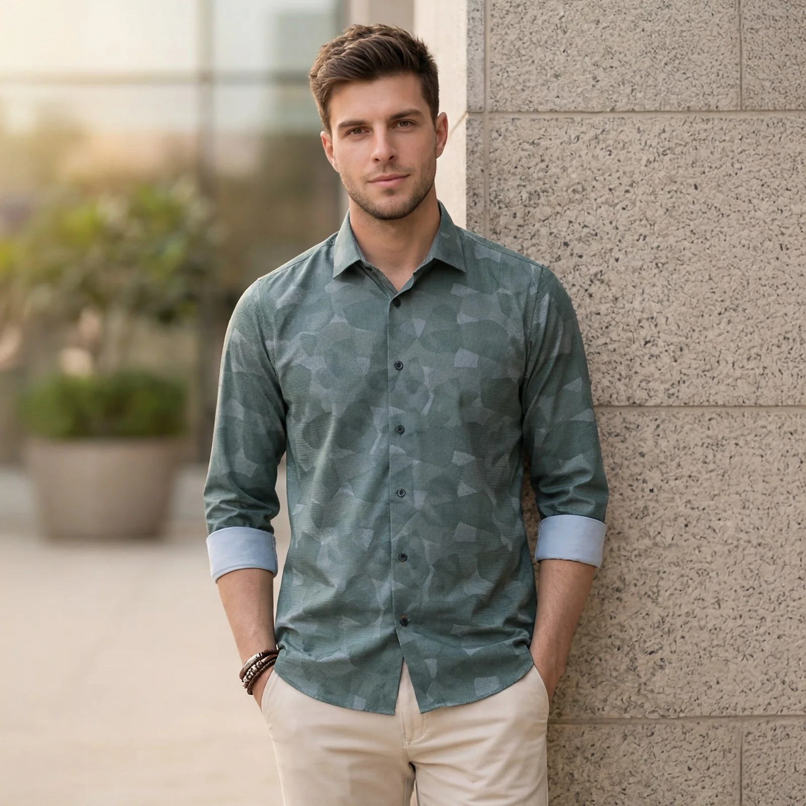 Men's Green Printed Slim Fit Shirts - Image 2